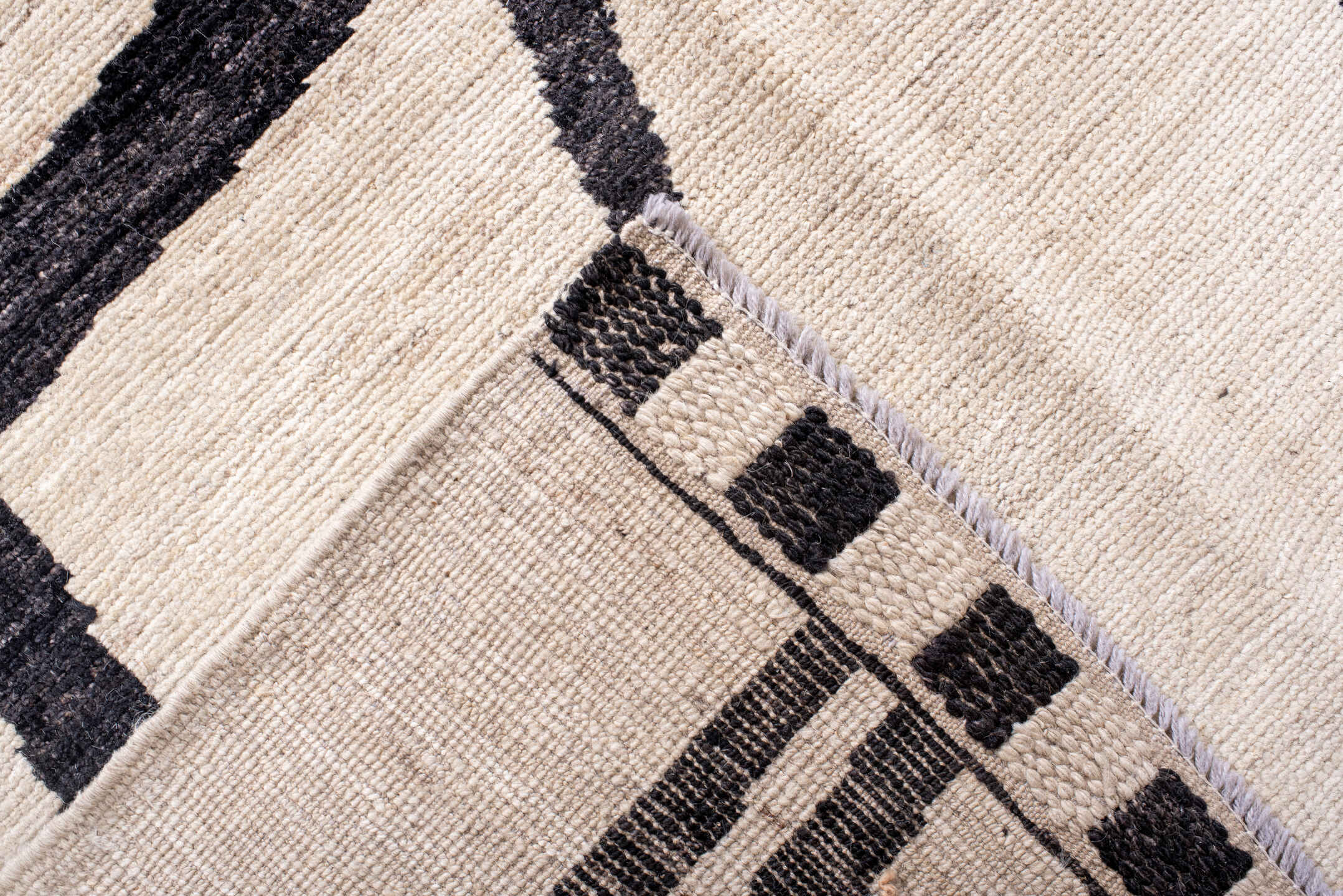 9' x 12' one-of-a-kind handmade vintage Tulu large size rug. Color palette: ivory, charcoal, black, gray