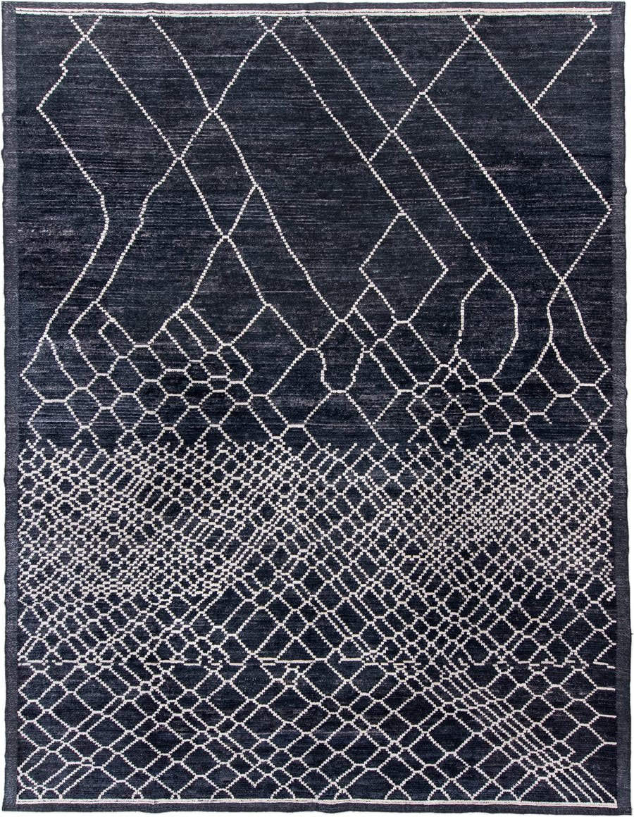 12' x 15' one-of-a-kind handmade vintage Tulu oversize rug. Color palette: charcoal, ivory, slate, gray, black