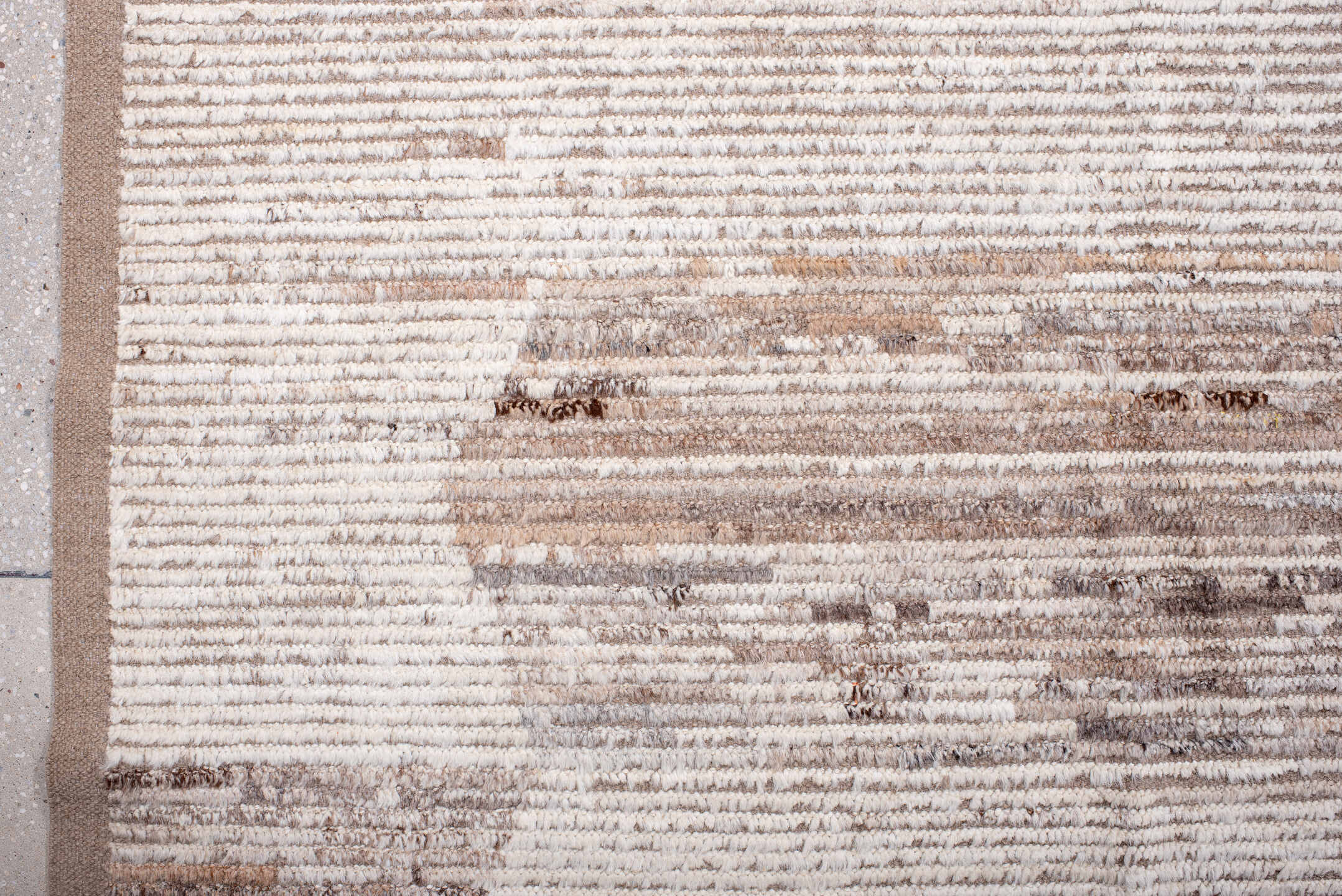 10' x 13' one-of-a-kind handmade vintage Tulu large size rug. Color palette: ivory, taupe, camel, gray, brown, beige