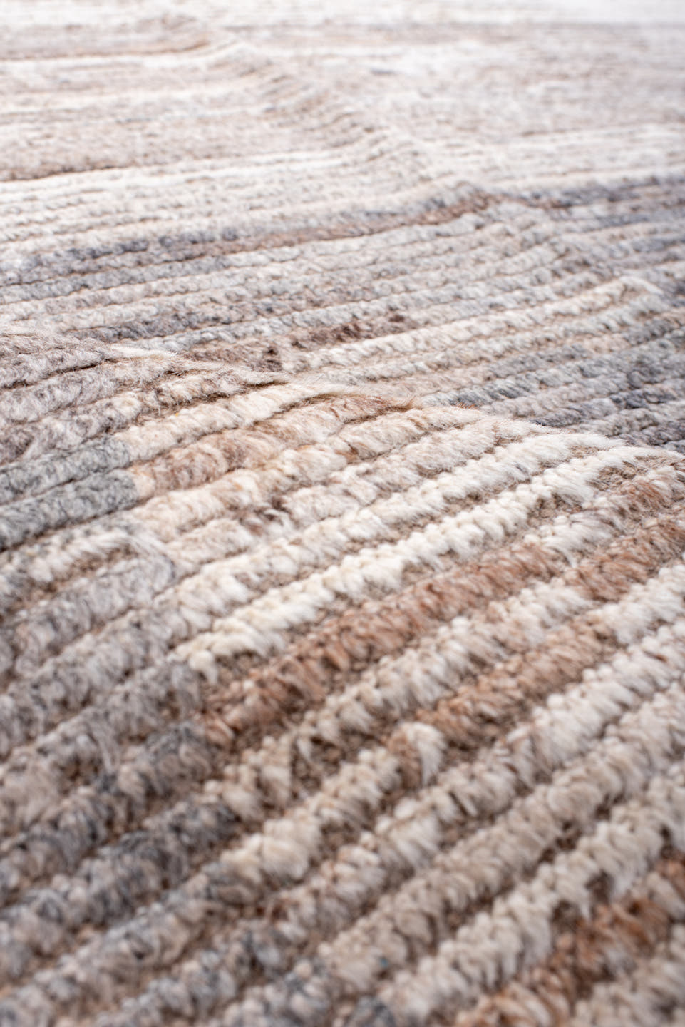 10' x 13' one-of-a-kind handmade vintage Tulu large size rug. Color palette: ivory, taupe, camel, gray, brown, beige