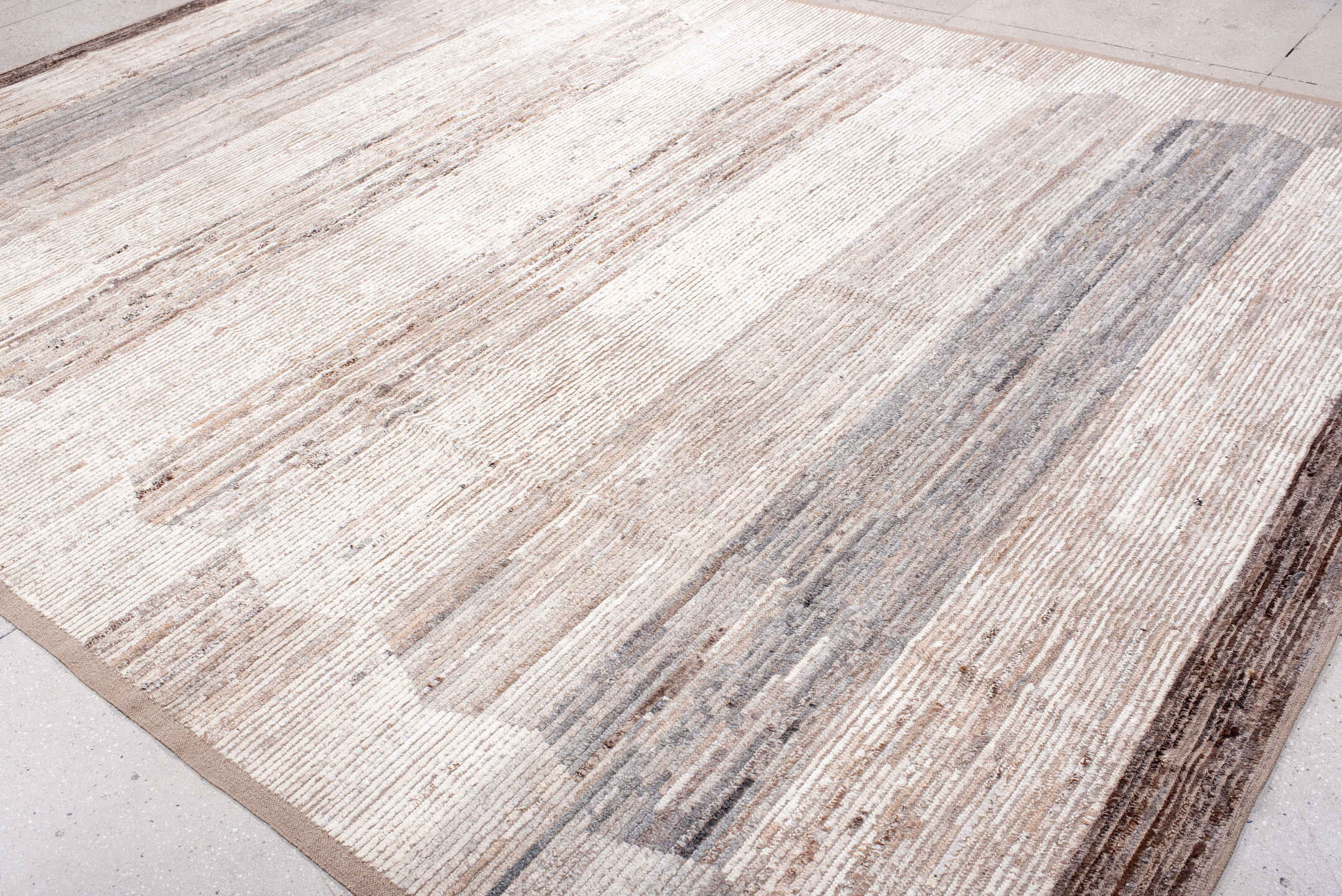 10' x 13' one-of-a-kind handmade vintage Tulu large size rug. Color palette: ivory, taupe, camel, gray, brown, beige