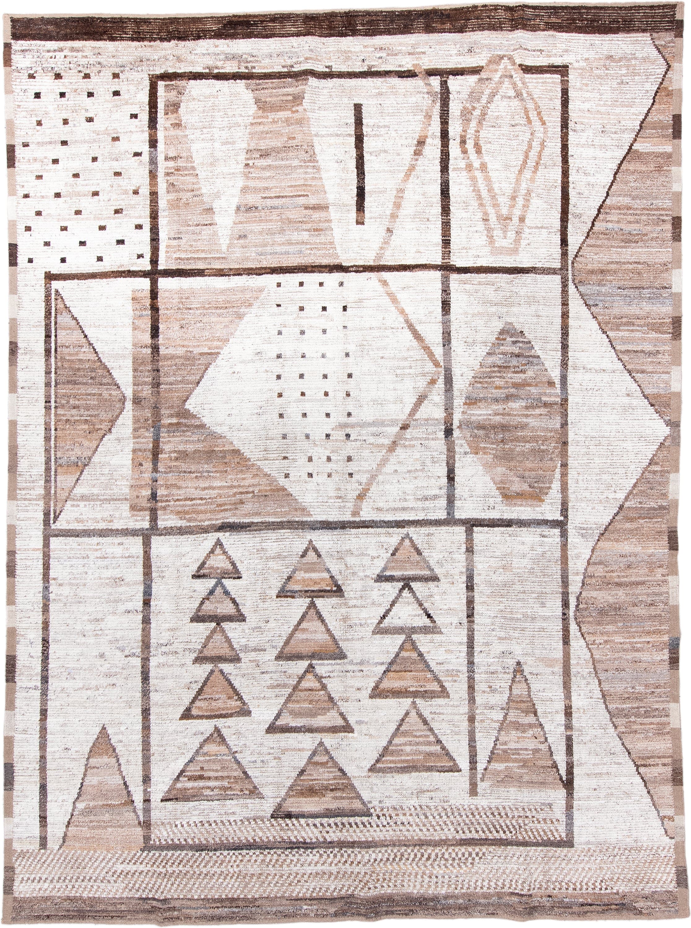 8' x 11' one-of-a-kind handmade vintage Tulu large size rug. Color palette: ivory, taupe, camel, brown, beige, gray