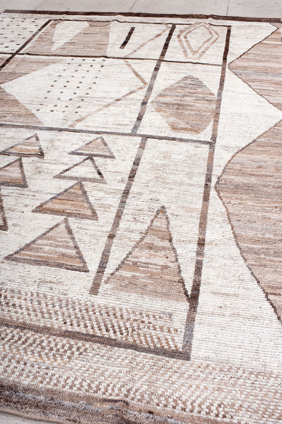 8' x 11' one-of-a-kind handmade vintage Tulu large size rug. Color palette: ivory, taupe, camel, brown, beige, gray