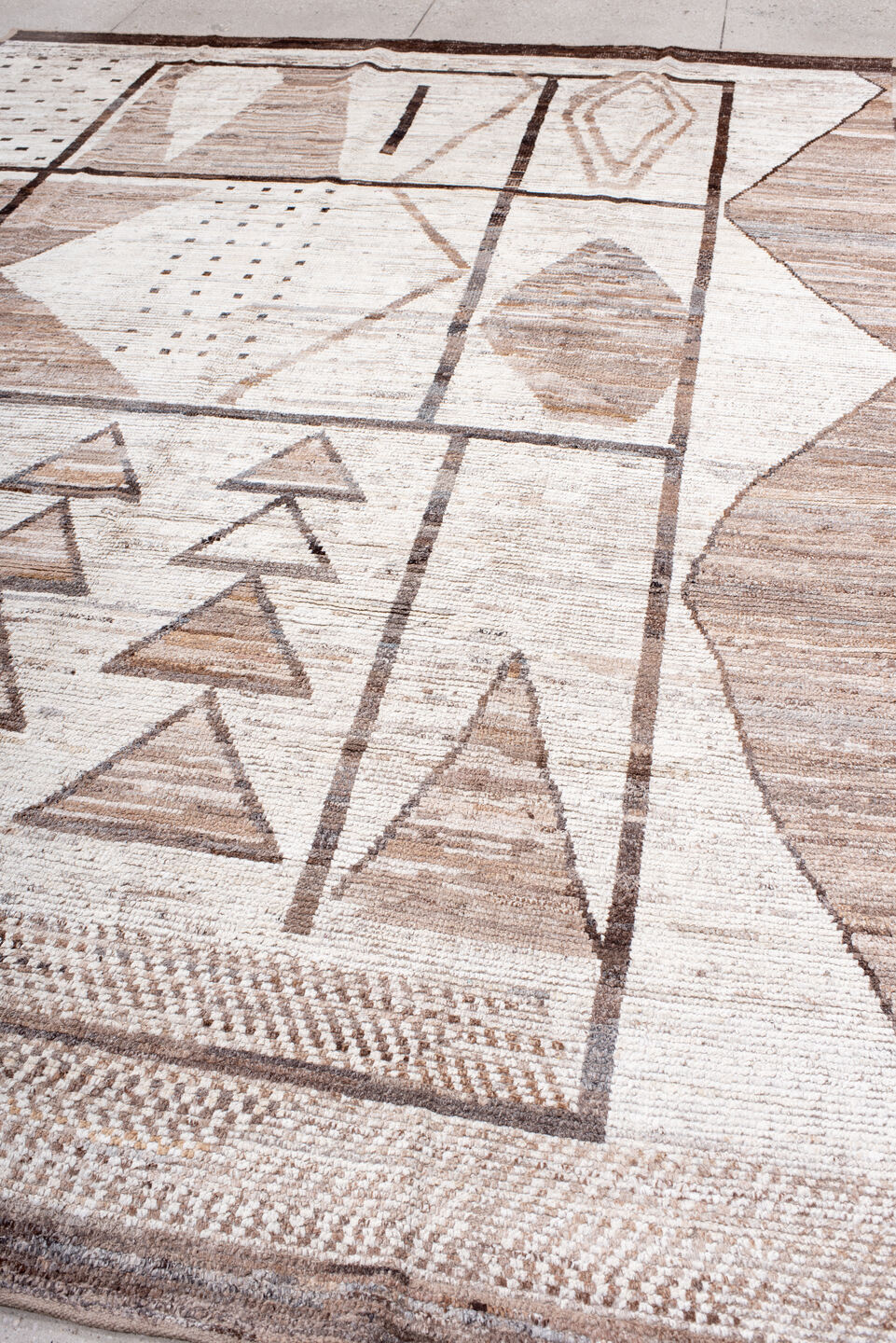 8' x 11' one-of-a-kind handmade vintage Tulu large size rug. Color palette: ivory, taupe, camel, brown, beige, gray