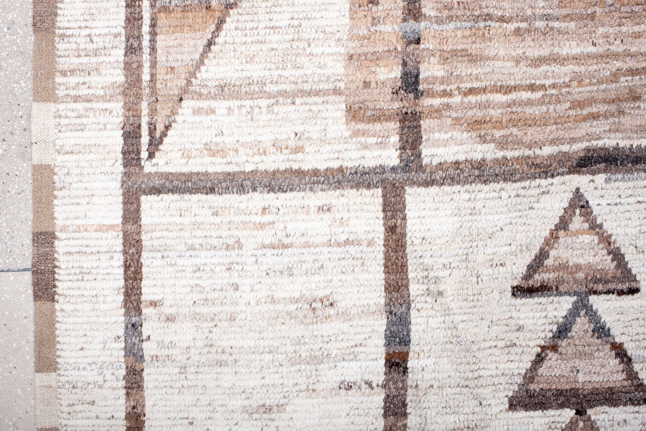 8' x 11' one-of-a-kind handmade vintage Tulu large size rug. Color palette: ivory, taupe, camel, brown, beige, gray