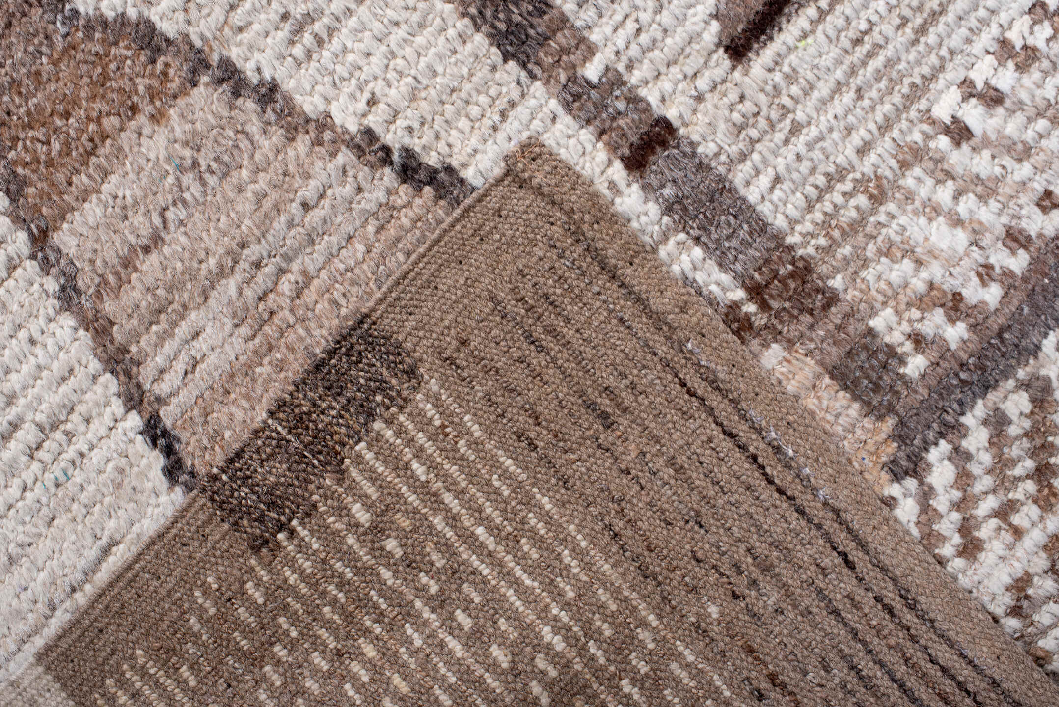 8' x 11' one-of-a-kind handmade vintage Tulu large size rug. Color palette: ivory, taupe, camel, brown, beige, gray