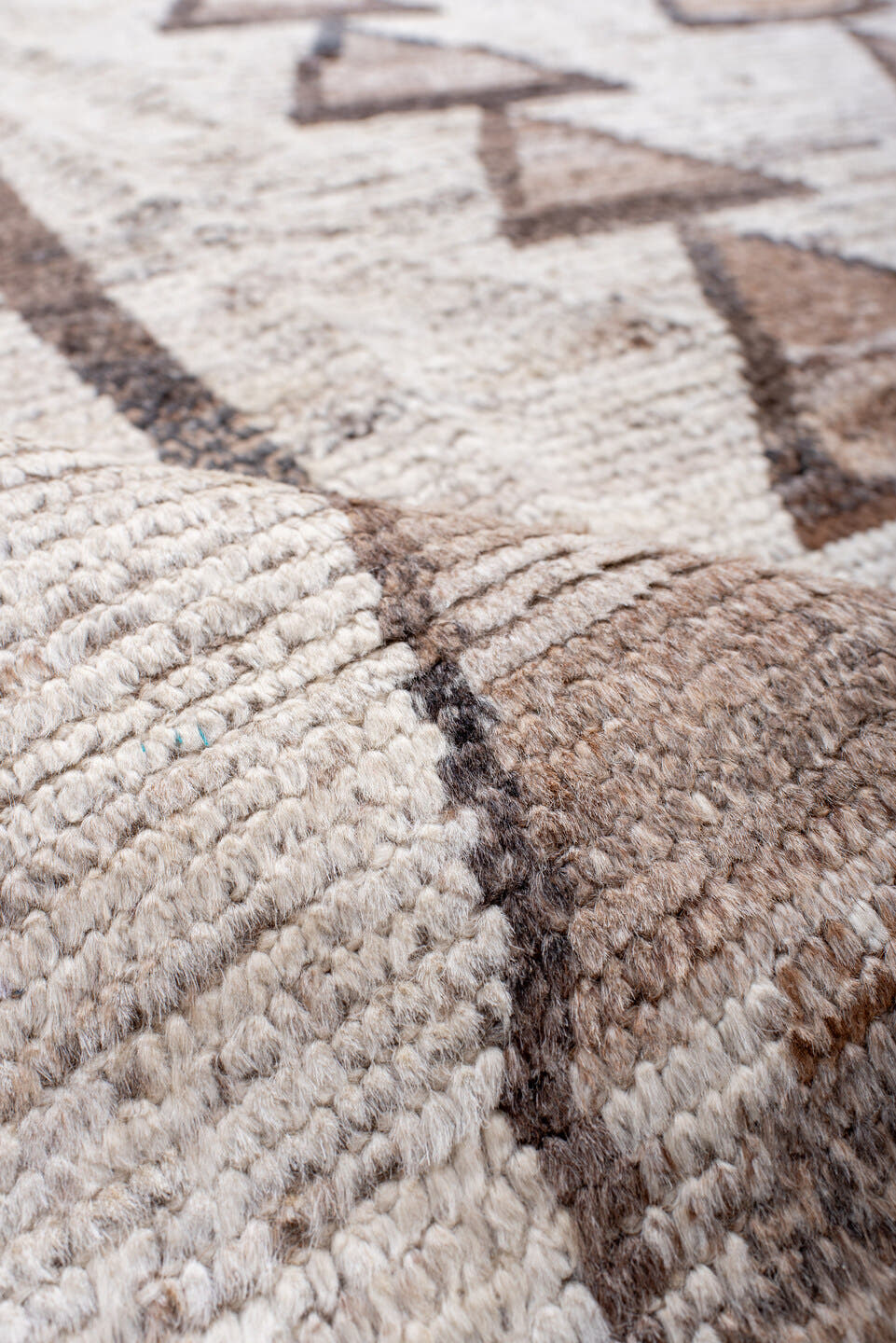 8' x 11' one-of-a-kind handmade vintage Tulu large size rug. Color palette: ivory, taupe, camel, brown, beige, gray