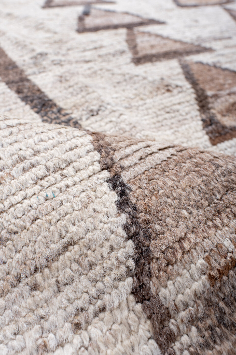 8' x 11' one-of-a-kind handmade vintage Tulu large size rug. Color palette: ivory, taupe, camel, brown, beige, gray