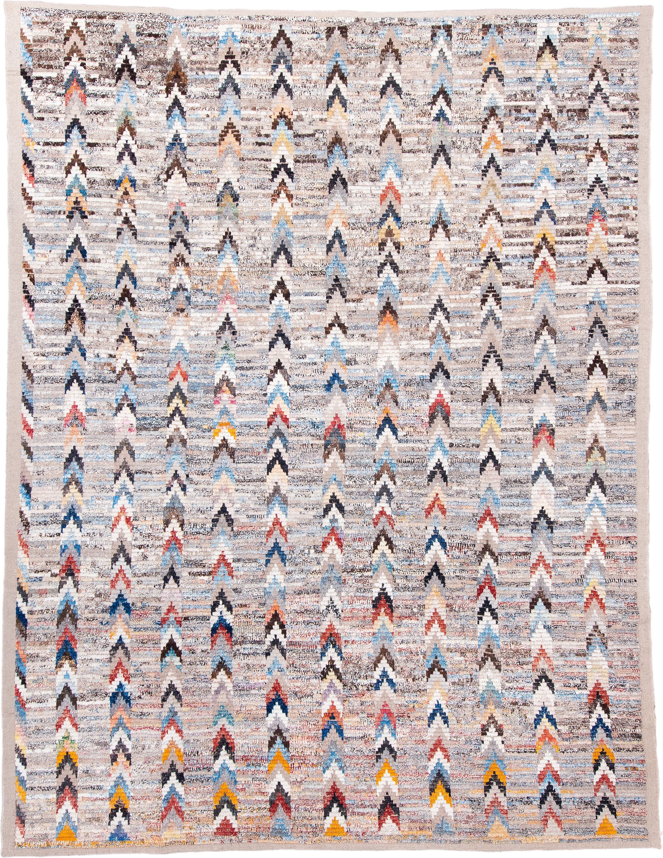 9' x 12' one-of-a-kind handmade vintage Tulu large size rug. Color palette: ivory, sky_blue, charcoal, taupe, rust, gold