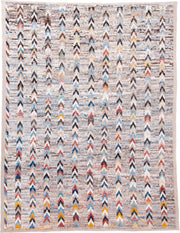 9' x 12' one-of-a-kind handmade vintage Tulu large size rug. Color palette: ivory, sky_blue, charcoal, taupe, rust, gold