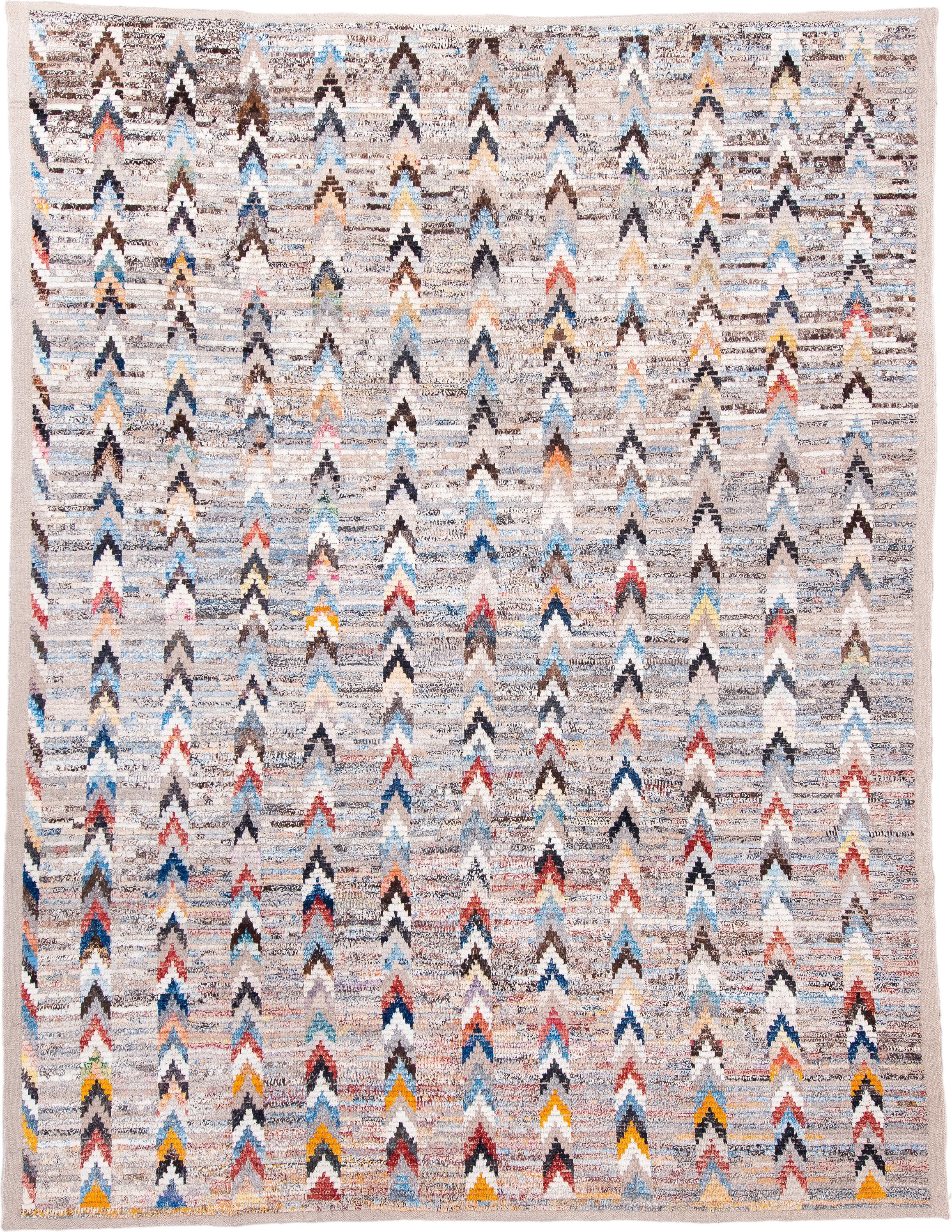9' x 12' one-of-a-kind handmade vintage Tulu large size rug. Color palette: ivory, sky_blue, charcoal, taupe, rust, gold