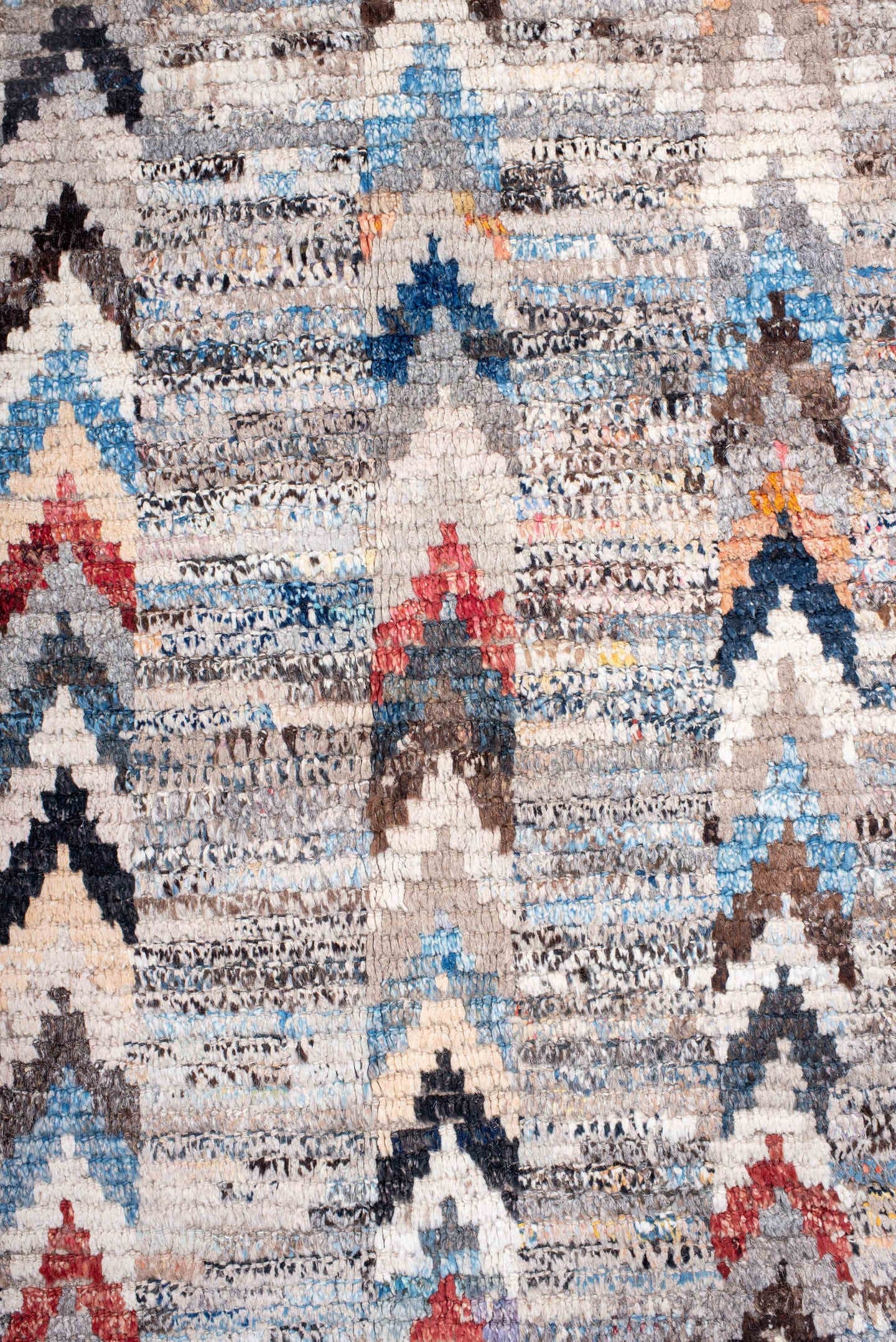 9' x 12' one-of-a-kind handmade vintage Tulu large size rug. Color palette: ivory, sky_blue, charcoal, taupe, rust, gold