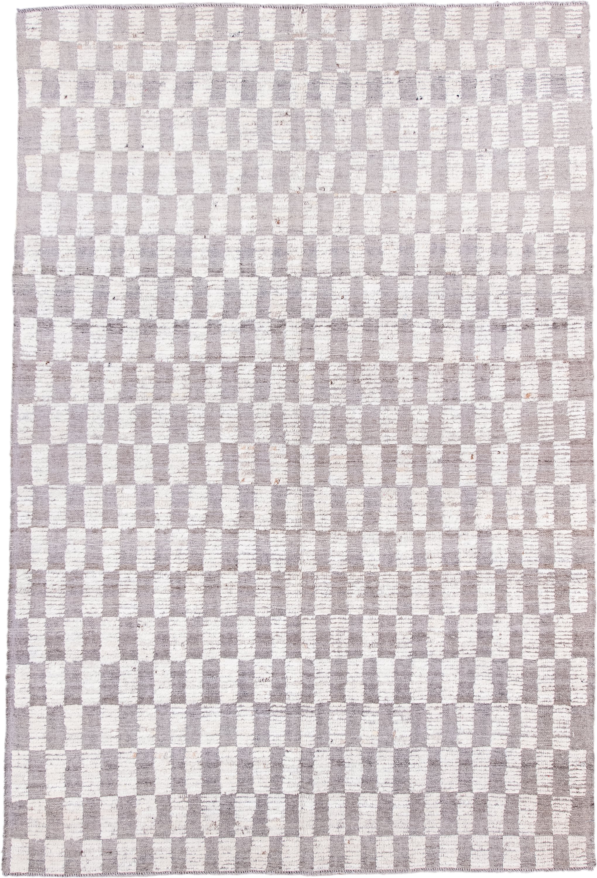 6' x 9' one-of-a-kind handmade vintage Tulu medium size rug. Color palette: ivory, taupe, light gray, beige, gray