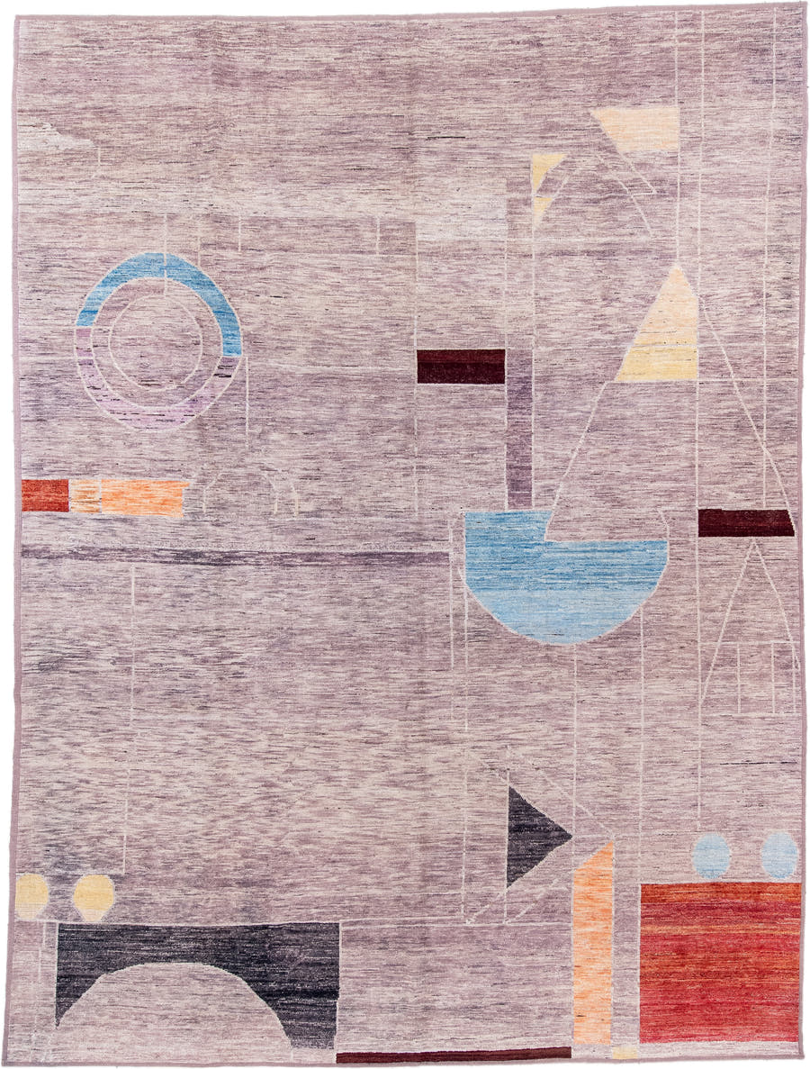 9' x 12' one-of-a-kind handmade vintage Tulu large size rug. Color palette: lavender, ivory, sky blue, rust, charcoal