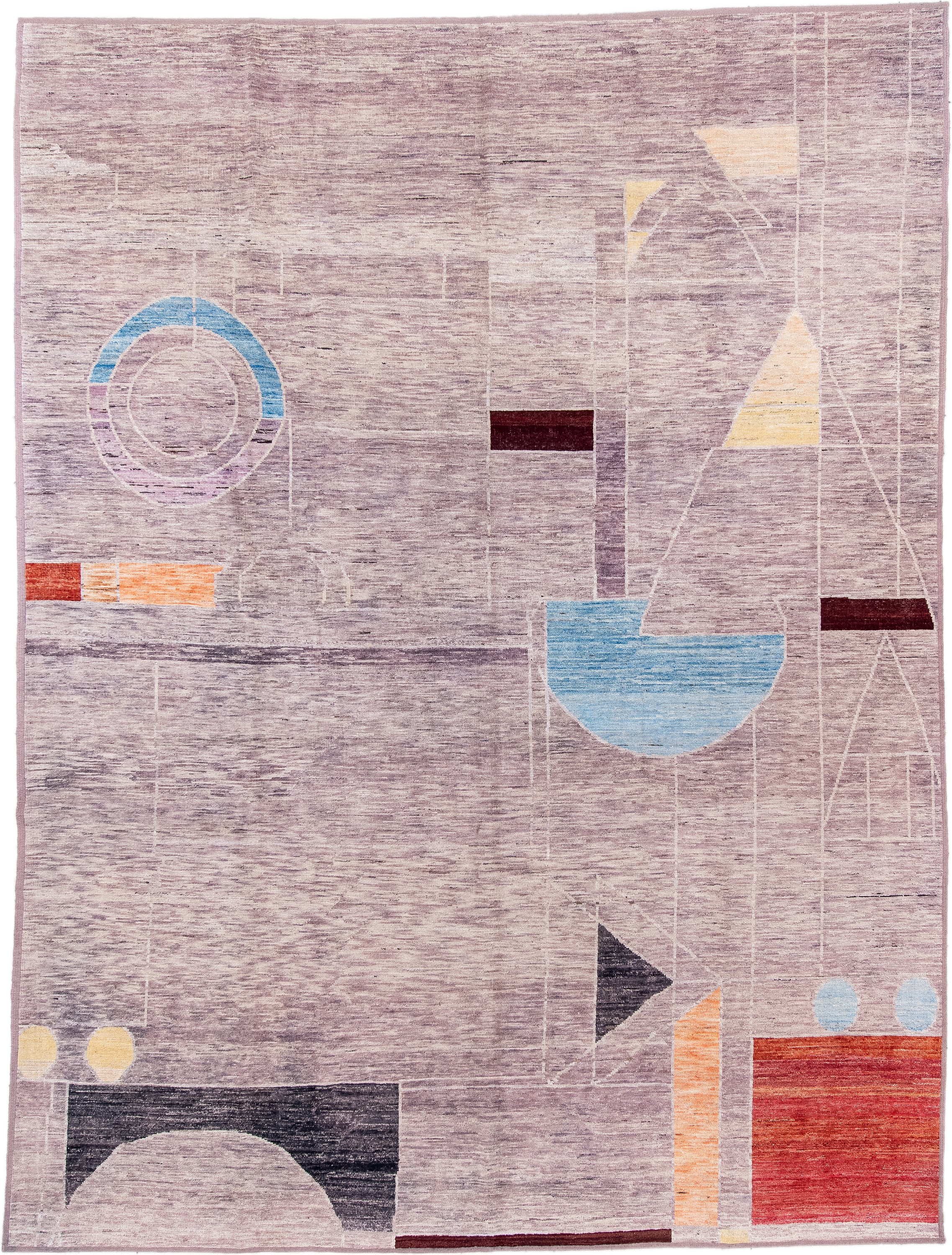 9' x 12' one-of-a-kind handmade vintage Tulu large size rug. Color palette: lavender, ivory, sky blue, rust, charcoal