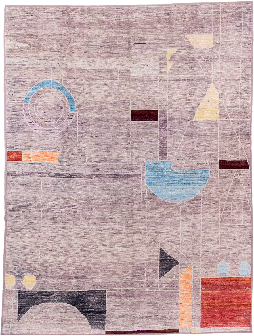9' x 12' one-of-a-kind handmade vintage Tulu large size rug. Color palette: lavender, ivory, sky blue, rust, charcoal
