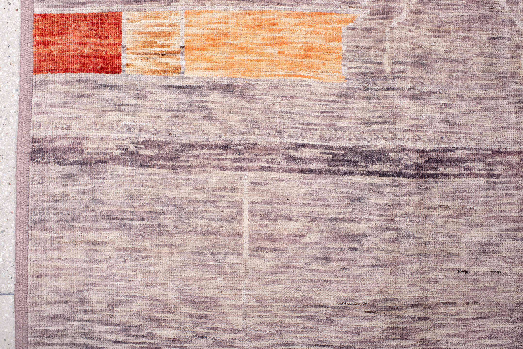 9' x 12' one-of-a-kind handmade vintage Tulu large size rug. Color palette: lavender, ivory, sky blue, rust, charcoal