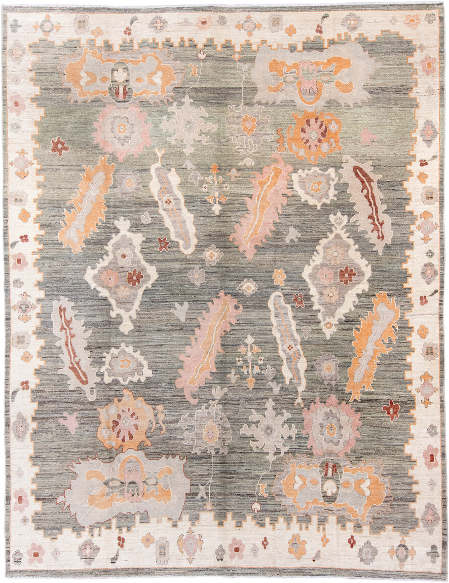 10' x 14' one-of-a-kind handmade vintage Oushak large size rug. Color palette: gray, ivory, peach, blush, taupe, rust, gold