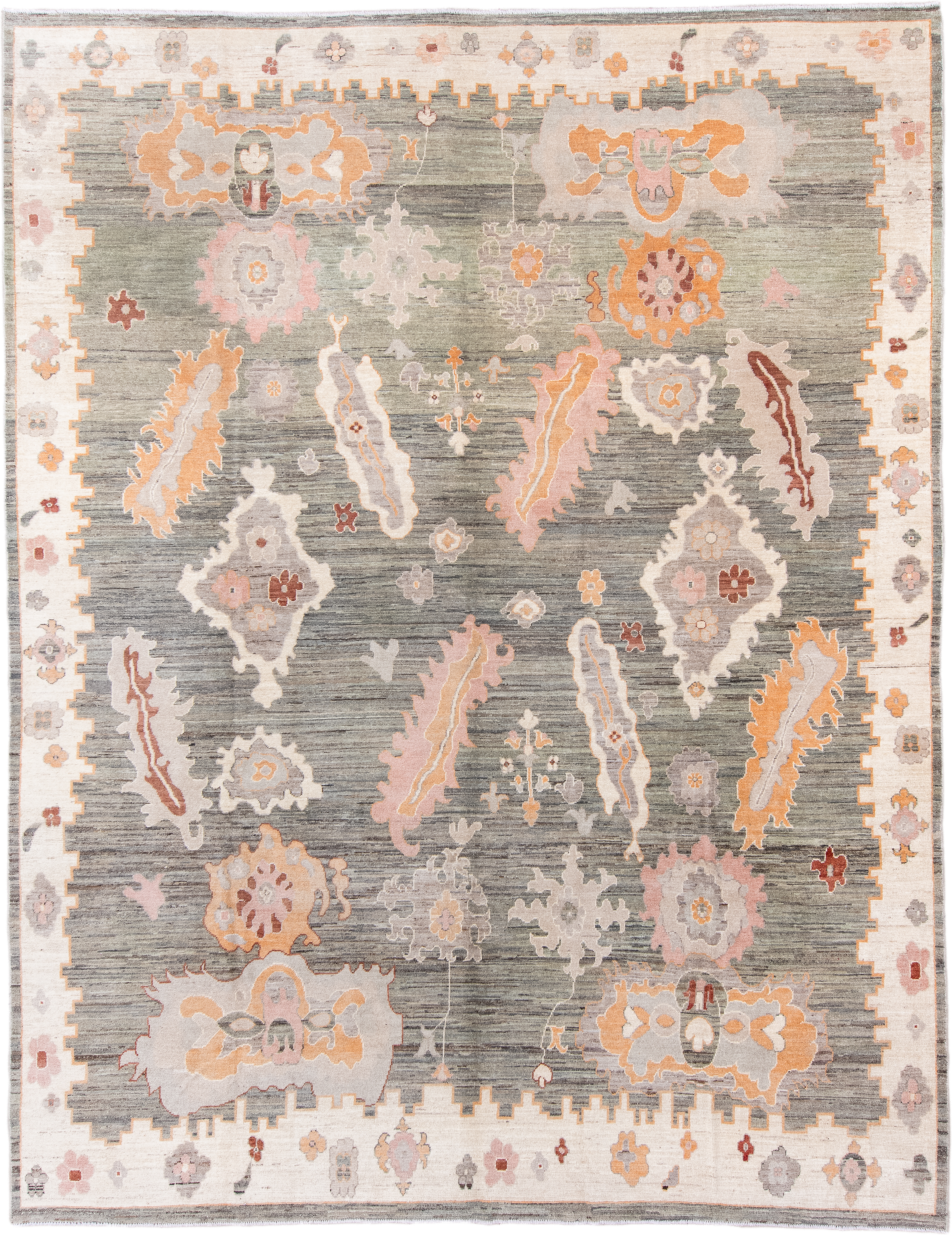 10' x 14' one-of-a-kind handmade vintage Oushak large size rug. Color palette: gray, ivory, peach, blush, taupe, rust, gold
