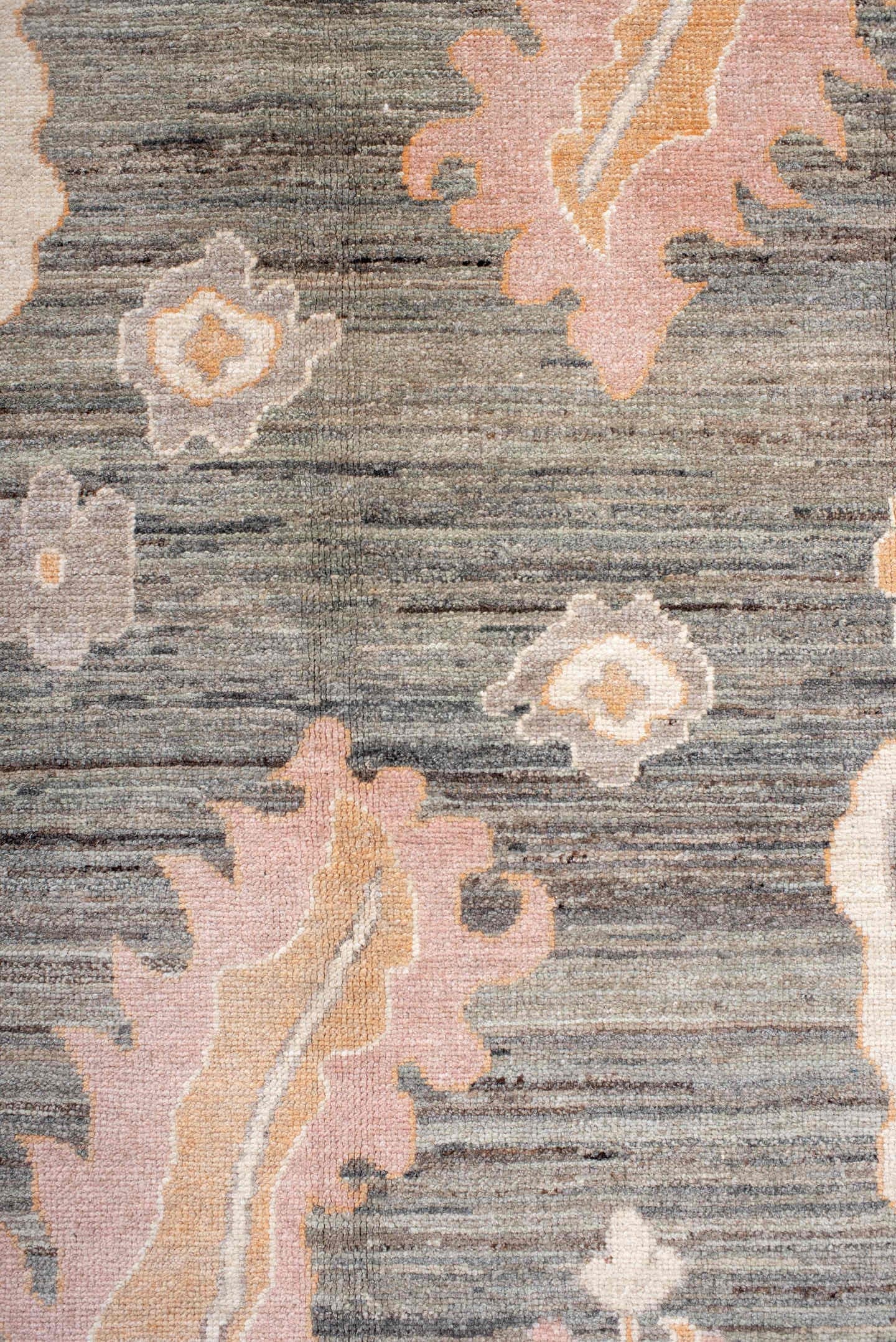10' x 14' one-of-a-kind handmade vintage Oushak large size rug. Color palette: gray, ivory, peach, blush, taupe, rust, gold