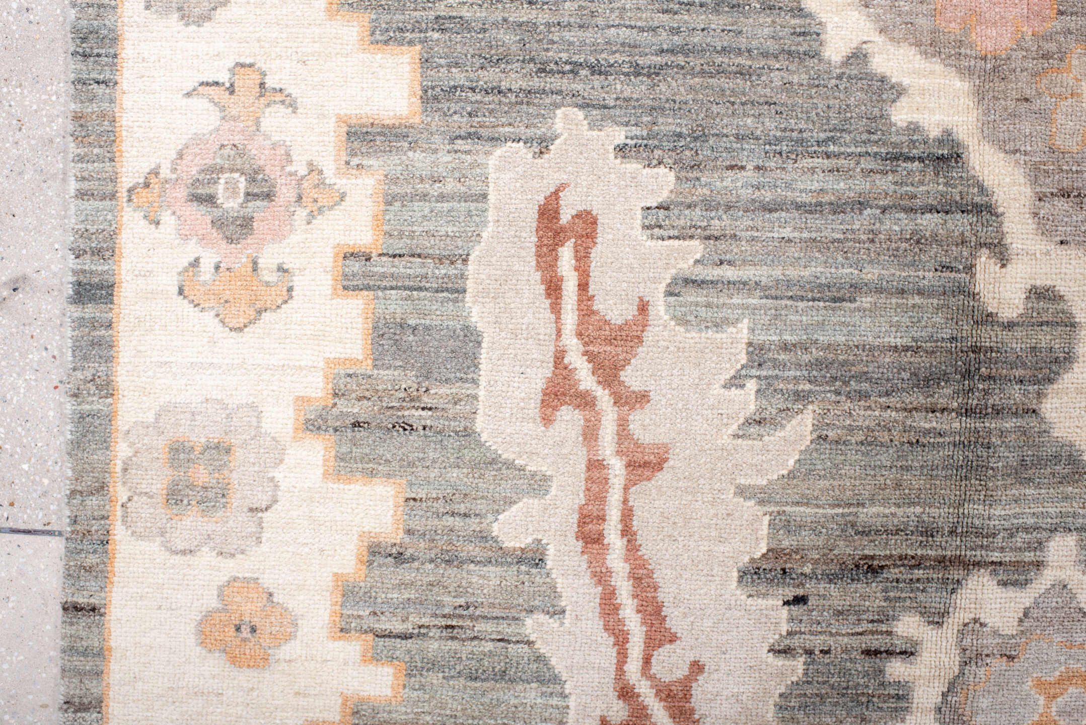 10' x 14' one-of-a-kind handmade vintage Oushak large size rug. Color palette: gray, ivory, peach, blush, taupe, rust, gold