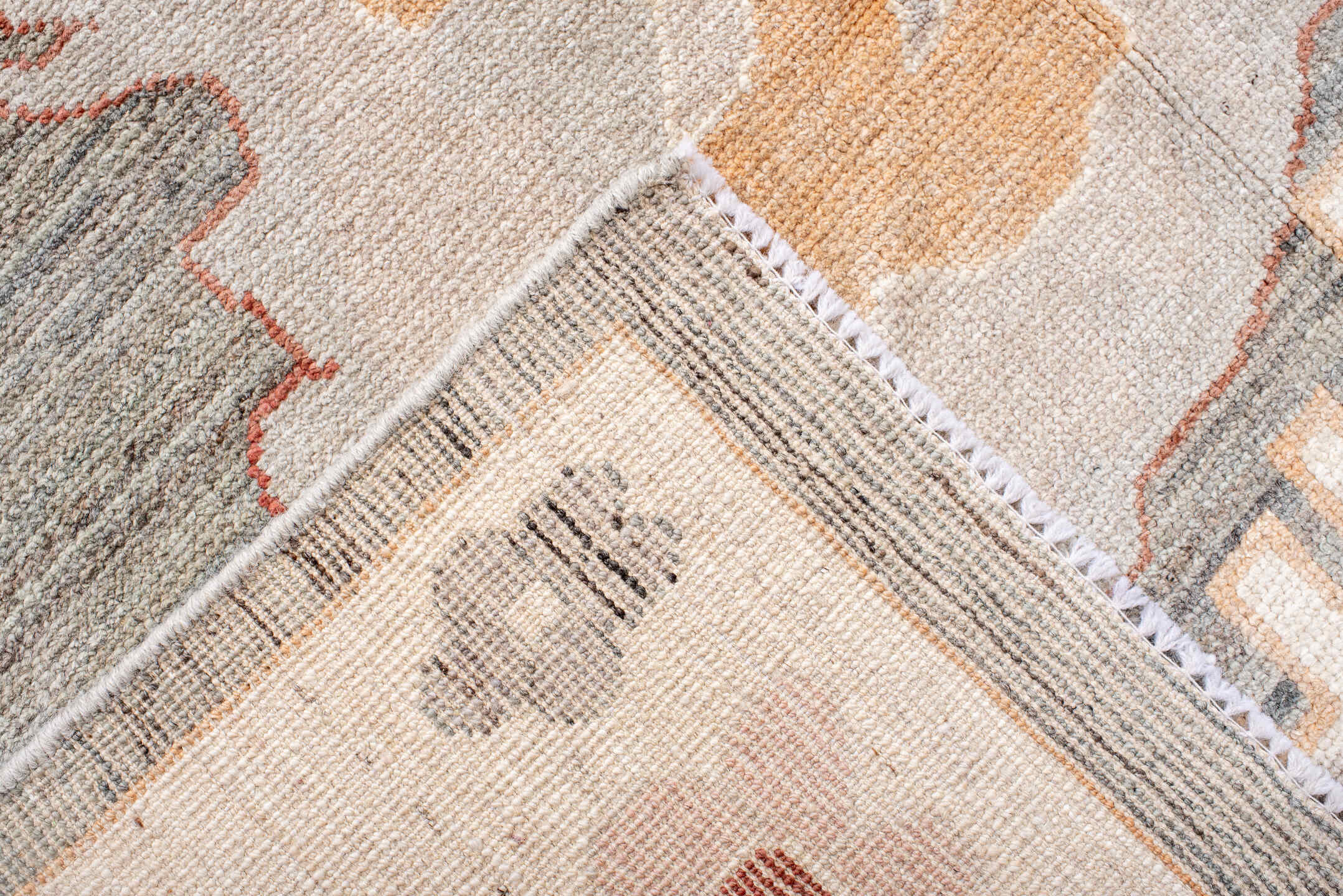 10' x 14' one-of-a-kind handmade vintage Oushak large size rug. Color palette: gray, ivory, peach, blush, taupe, rust, gold