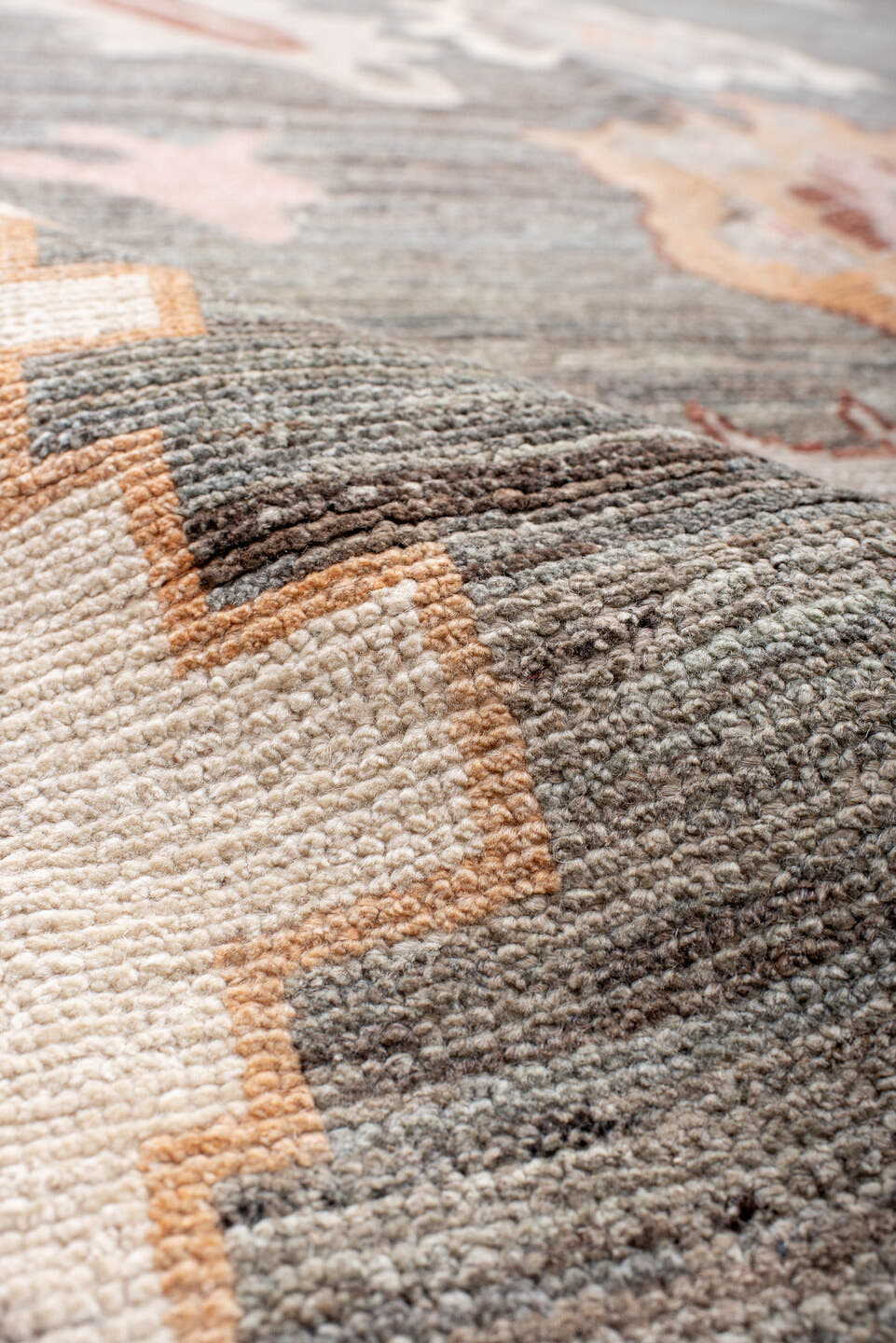 10' x 14' one-of-a-kind handmade vintage Oushak large size rug. Color palette: gray, ivory, peach, blush, taupe, rust, gold