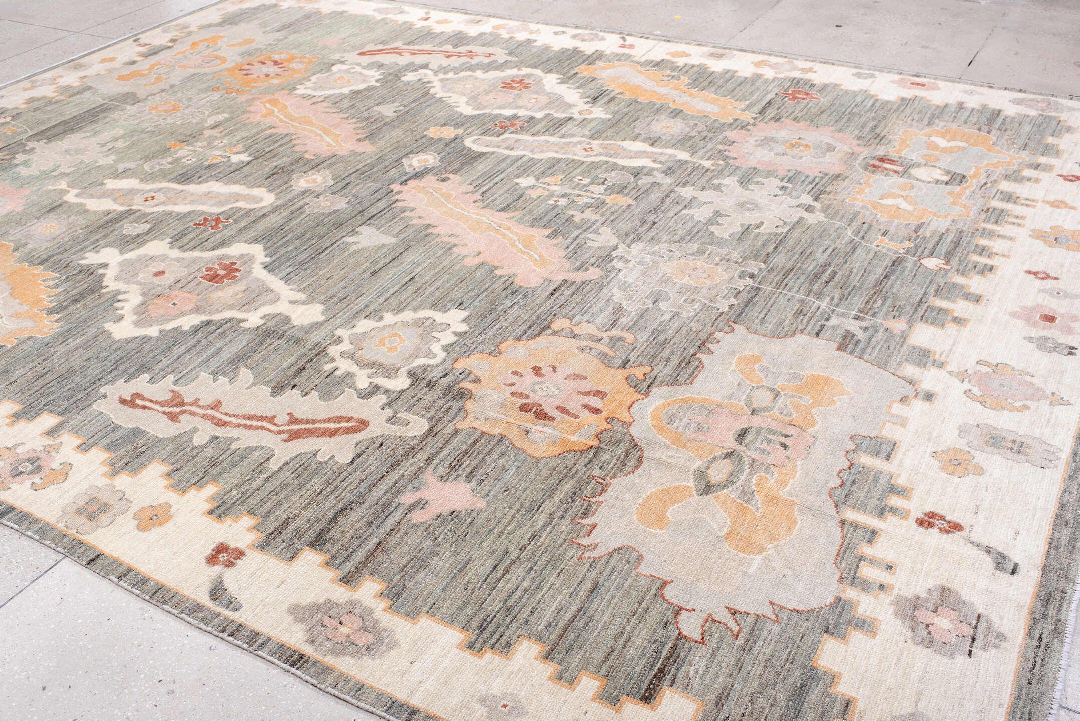 10' x 14' one-of-a-kind handmade vintage Oushak large size rug. Color palette: gray, ivory, peach, blush, taupe, rust, gold