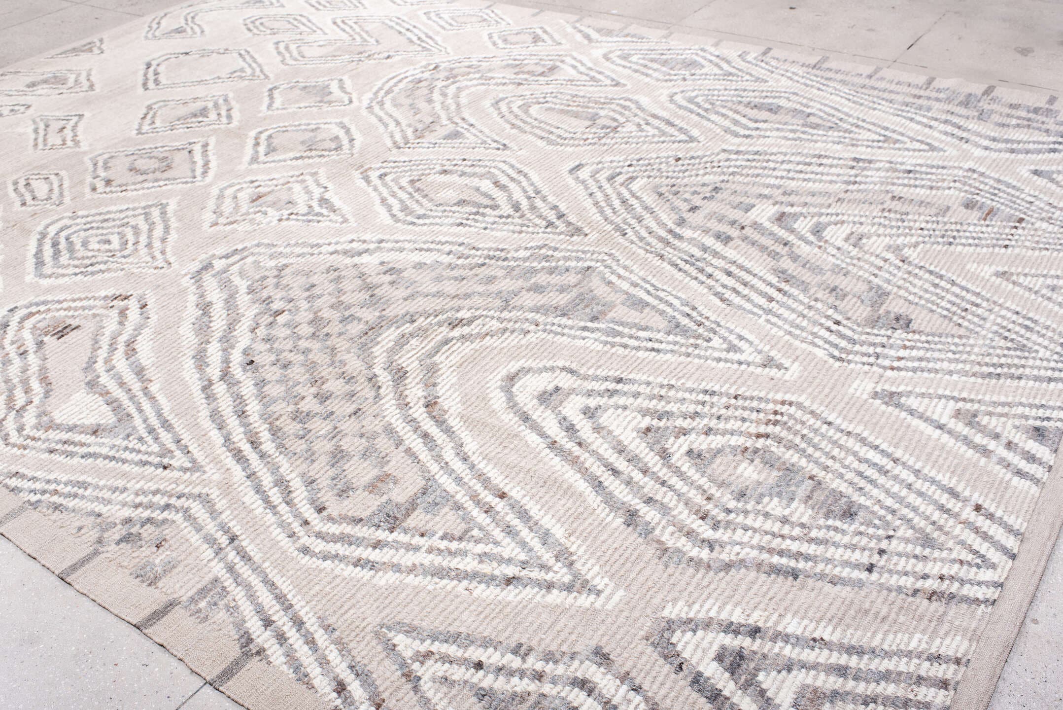 10' x 14' one-of-a-kind handmade vintage Tulu large size rug. Color palette: ivory, light gray, taupe, greige, beige, gray