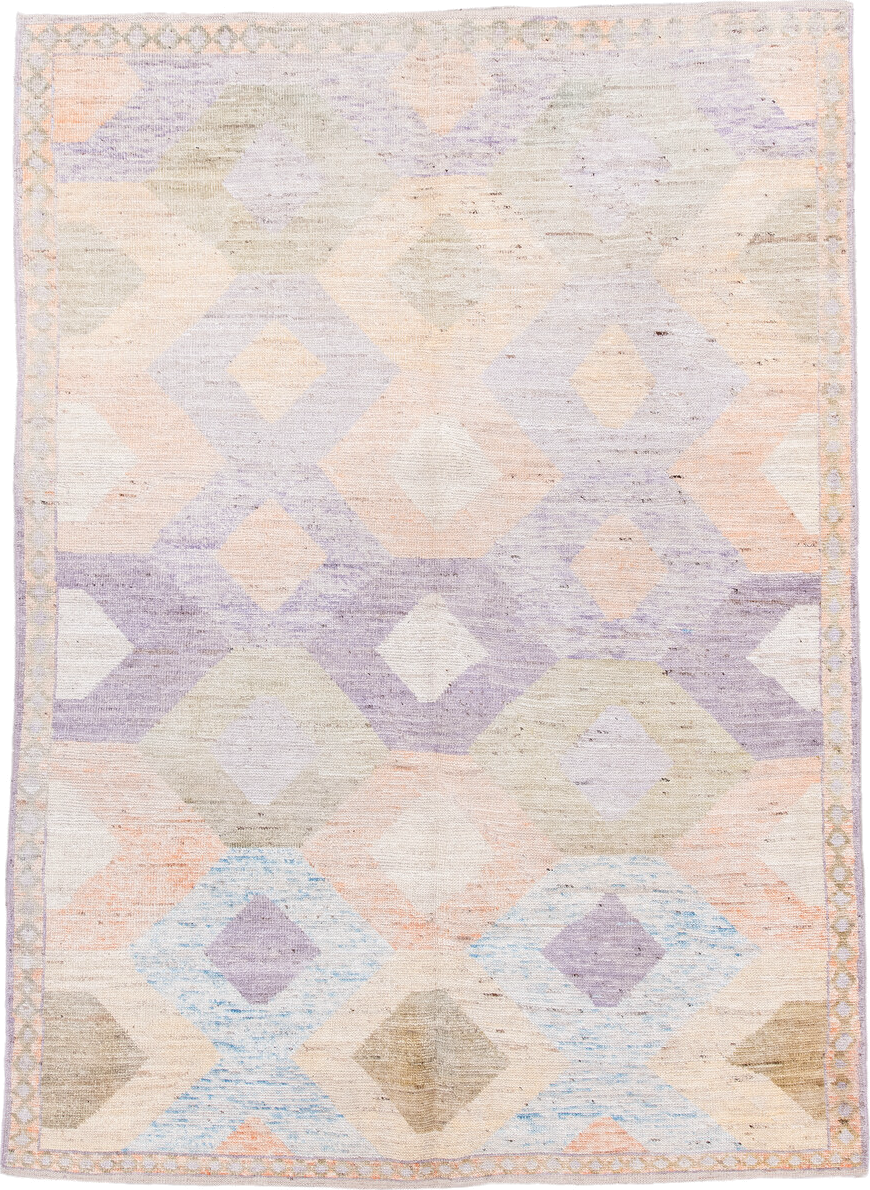 5' x 7' one-of-a-kind handmade vintage Tulu rug. Color palette: ivory, lilac, blush, pale blue, taupe, sage, purple, pink