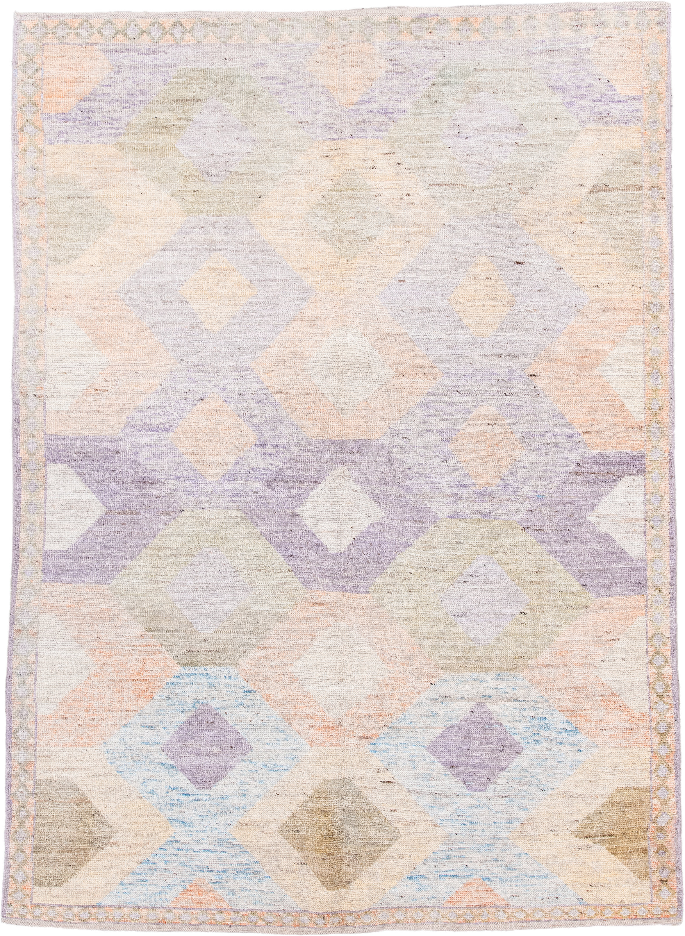 5' x 7' one-of-a-kind handmade vintage Tulu rug. Color palette: ivory, lilac, blush, pale blue, taupe, sage, purple, pink