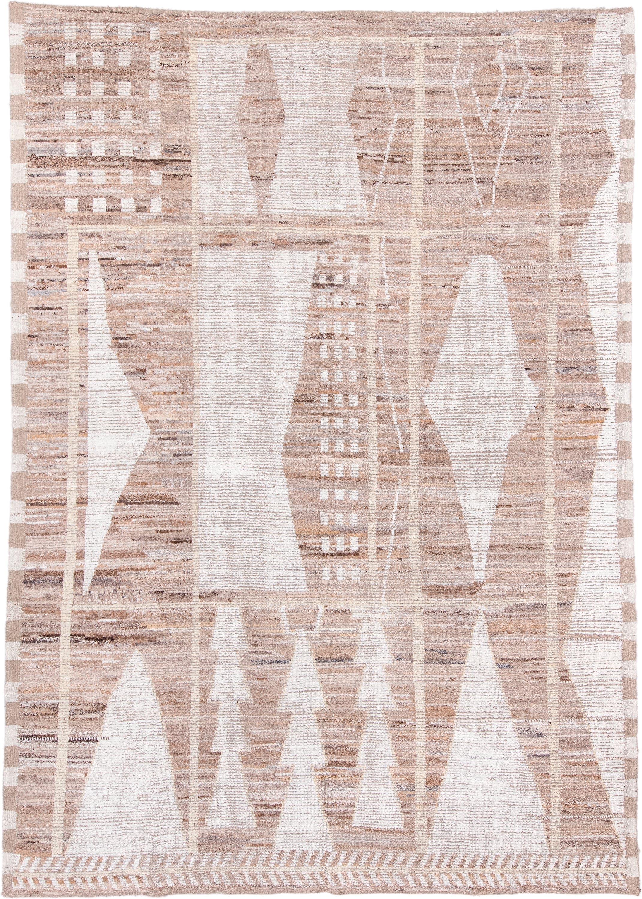 9' x 13' one-of-a-kind handmade vintage Tulu large size rug. Color palette: ivory, taupe, camel, beige, brown, gray