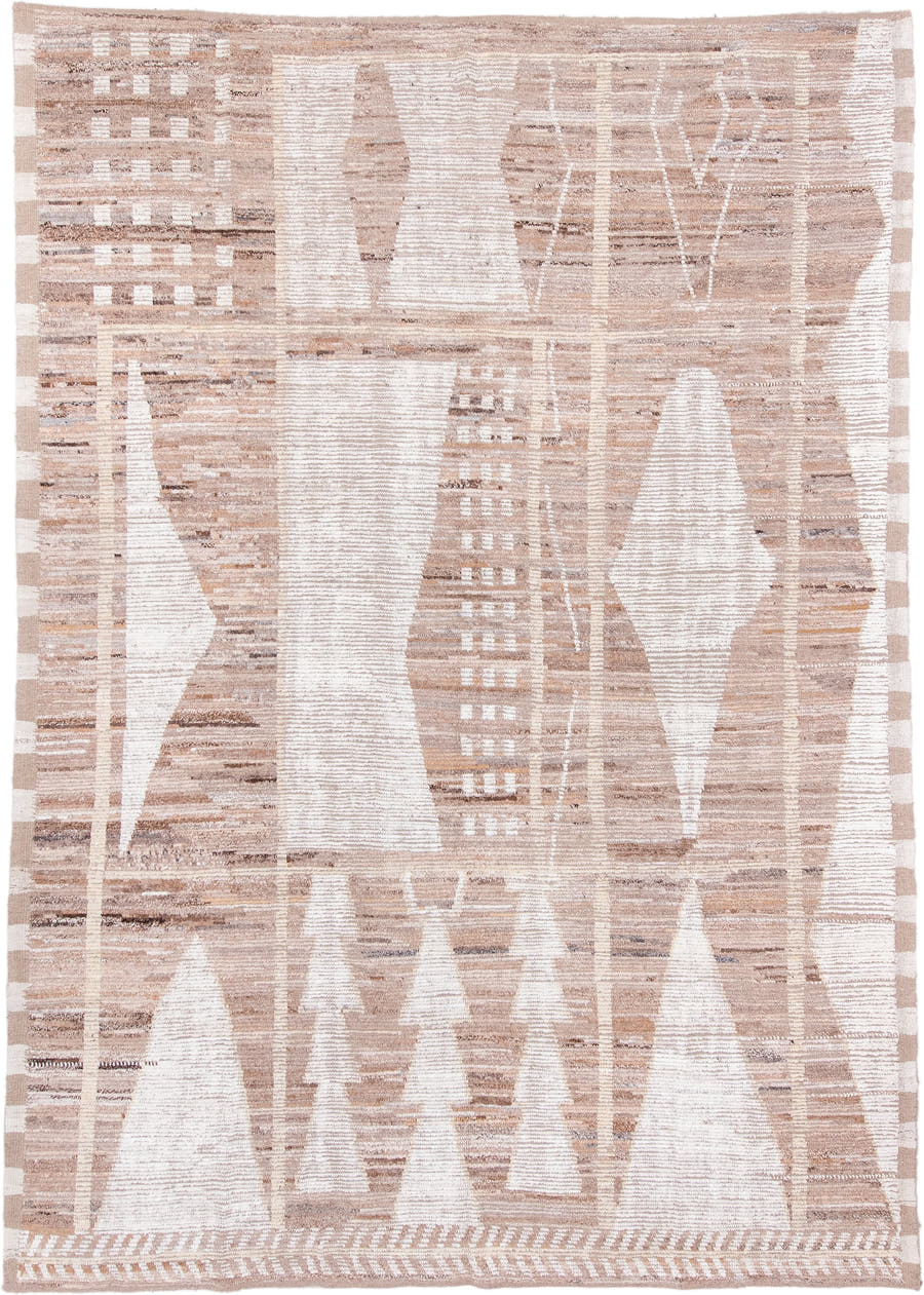 9' x 13' one-of-a-kind handmade vintage Tulu large size rug. Color palette: ivory, taupe, camel, beige, brown, gray