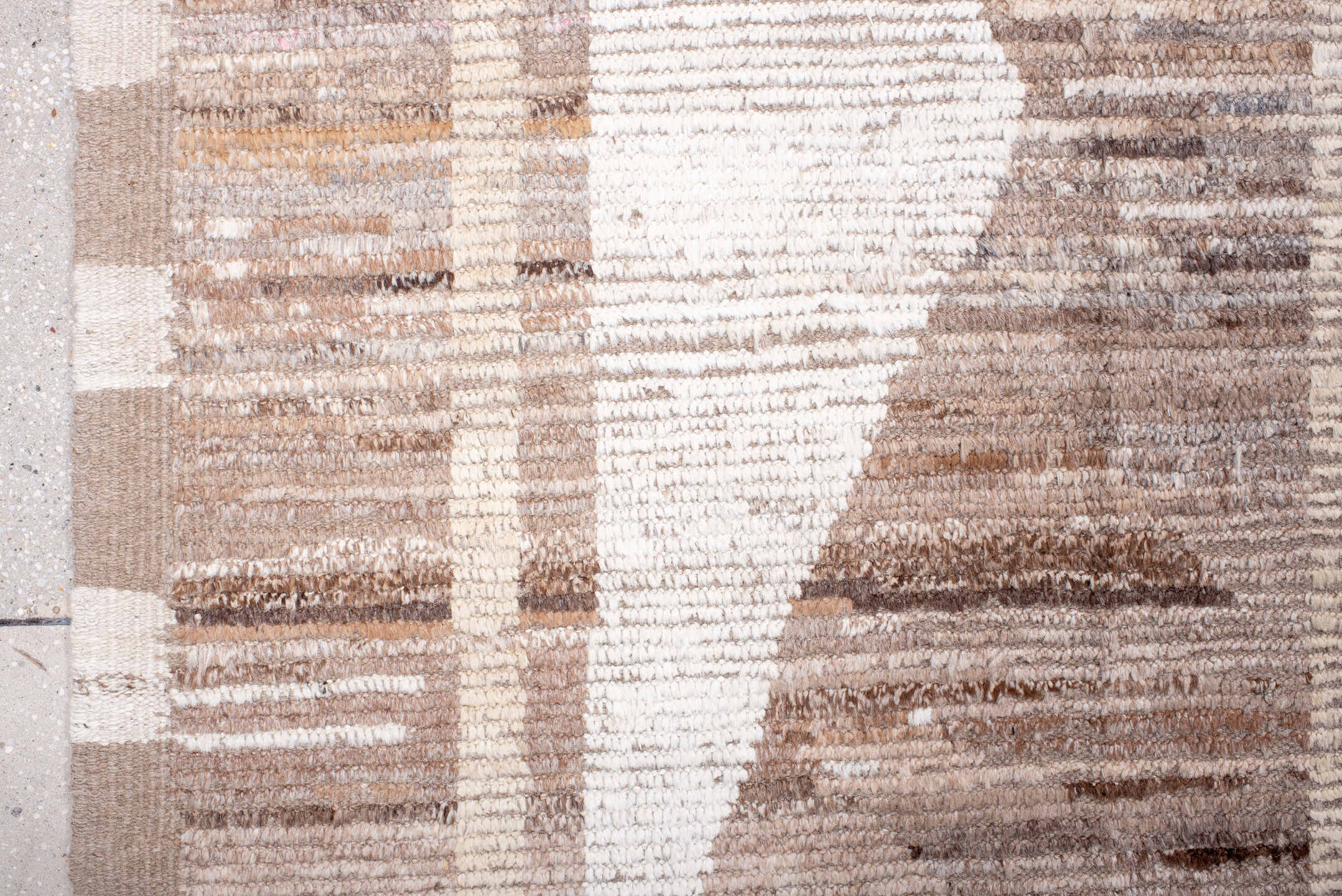 9' x 13' one-of-a-kind handmade vintage Tulu large size rug. Color palette: ivory, taupe, camel, beige, brown, gray