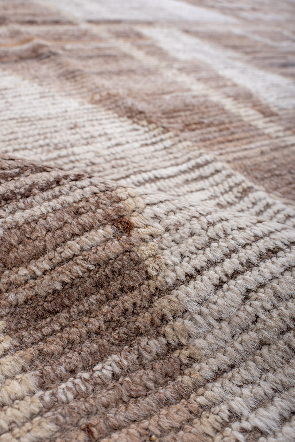 9' x 13' one-of-a-kind handmade vintage Tulu large size rug. Color palette: ivory, taupe, camel, beige, brown, gray