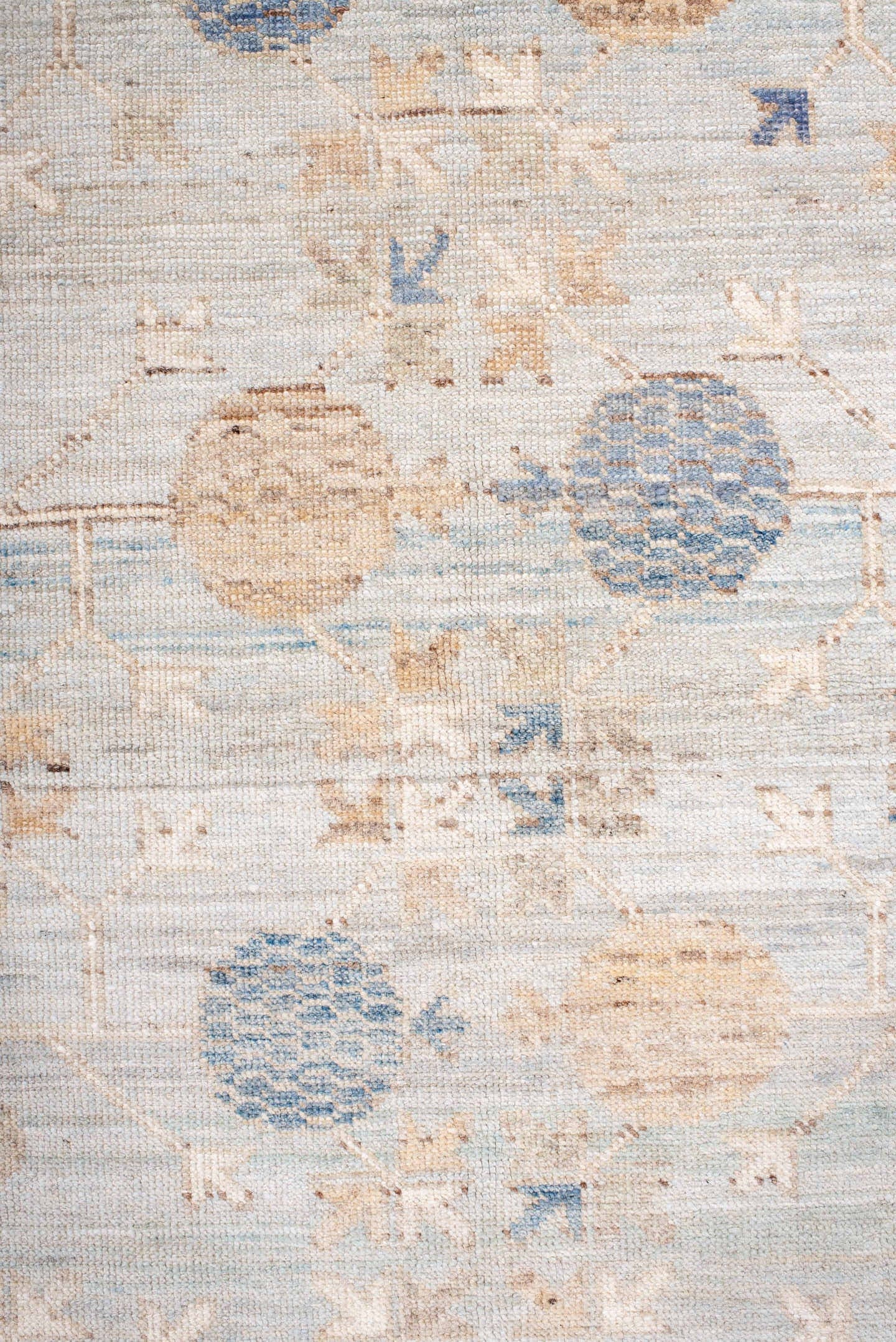 12' x 15' one-of-a-kind handmade vintage Khotan oversize rug. Color palette: ivory, pale blue, sand, beige, taupe