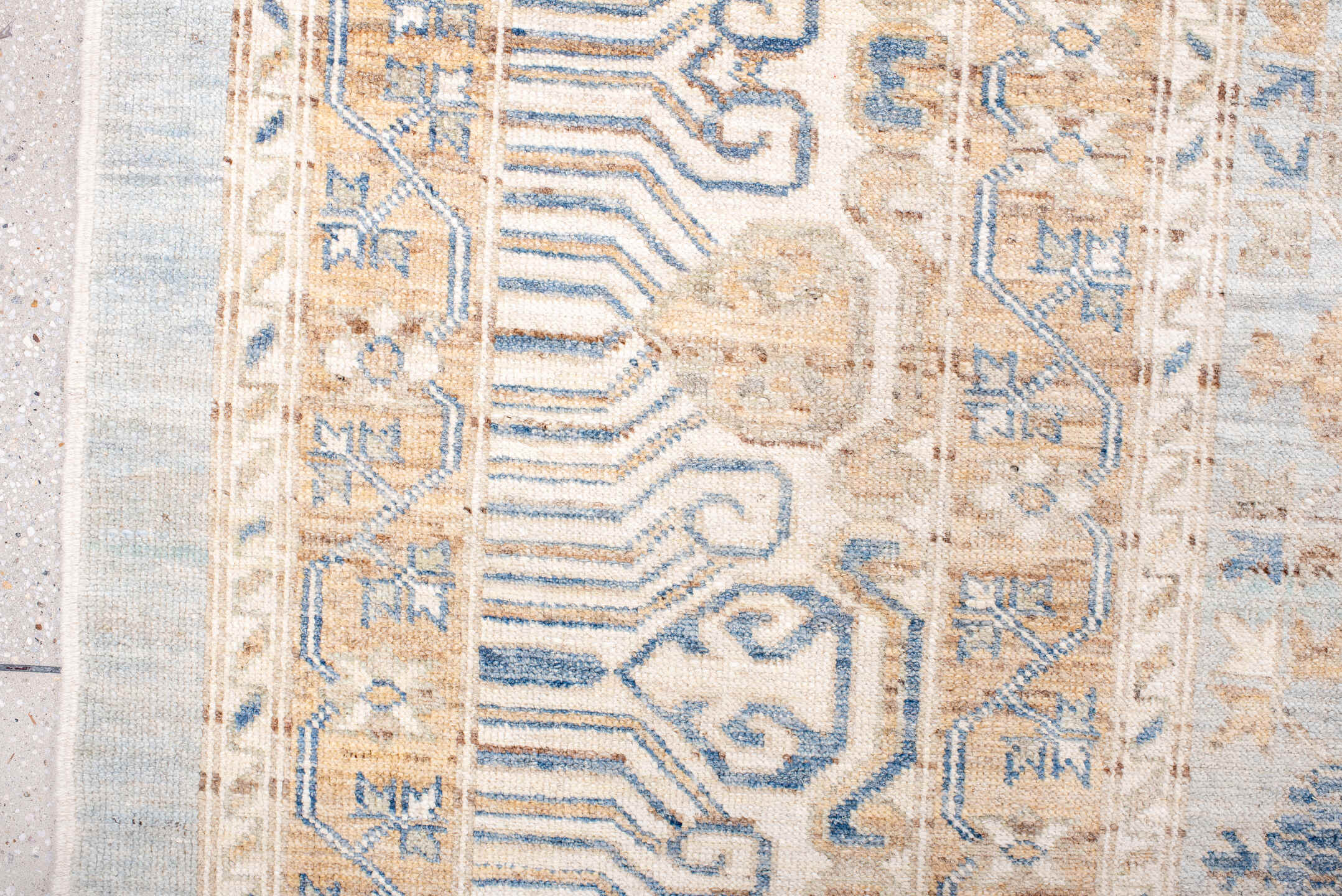 12' x 15' one-of-a-kind handmade vintage Khotan oversize rug. Color palette: ivory, pale blue, sand, beige, taupe