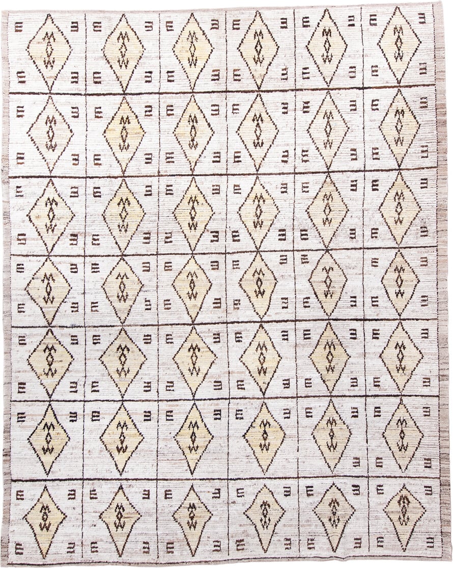 9' x 11' one-of-a-kind handmade vintage Tulu large size rug. Color palette: cream, ivory, taupe, brown, camel, beige, gray