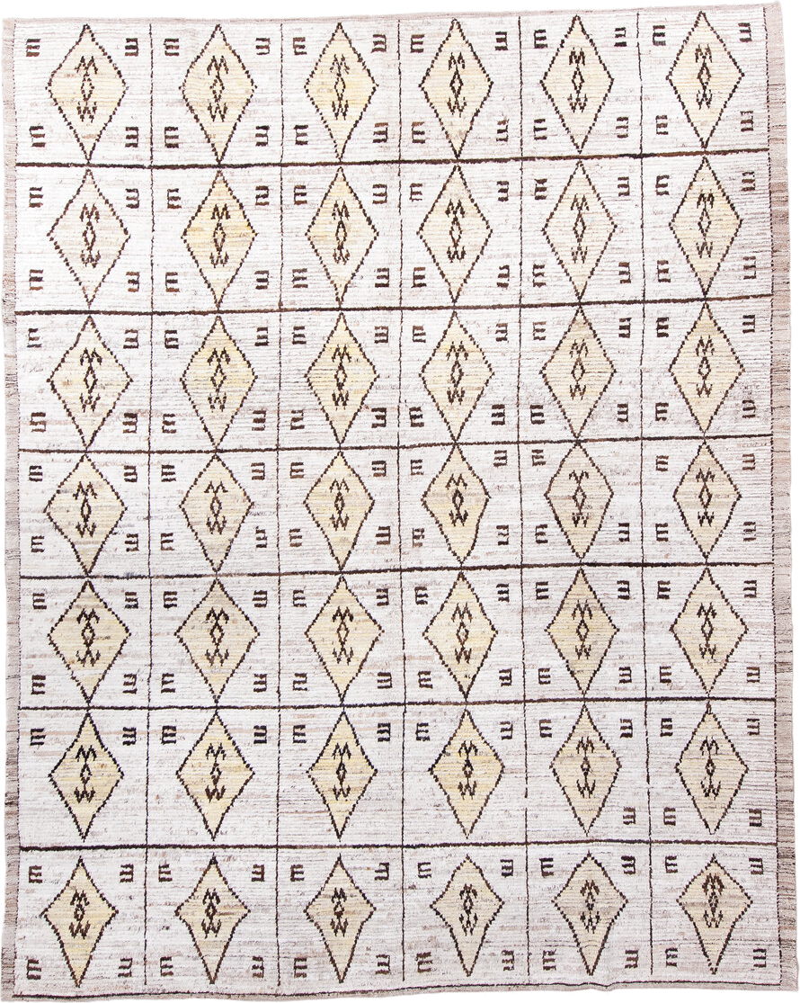 9' x 11' one-of-a-kind handmade vintage Tulu large size rug. Color palette: cream, ivory, taupe, brown, camel, beige, gray