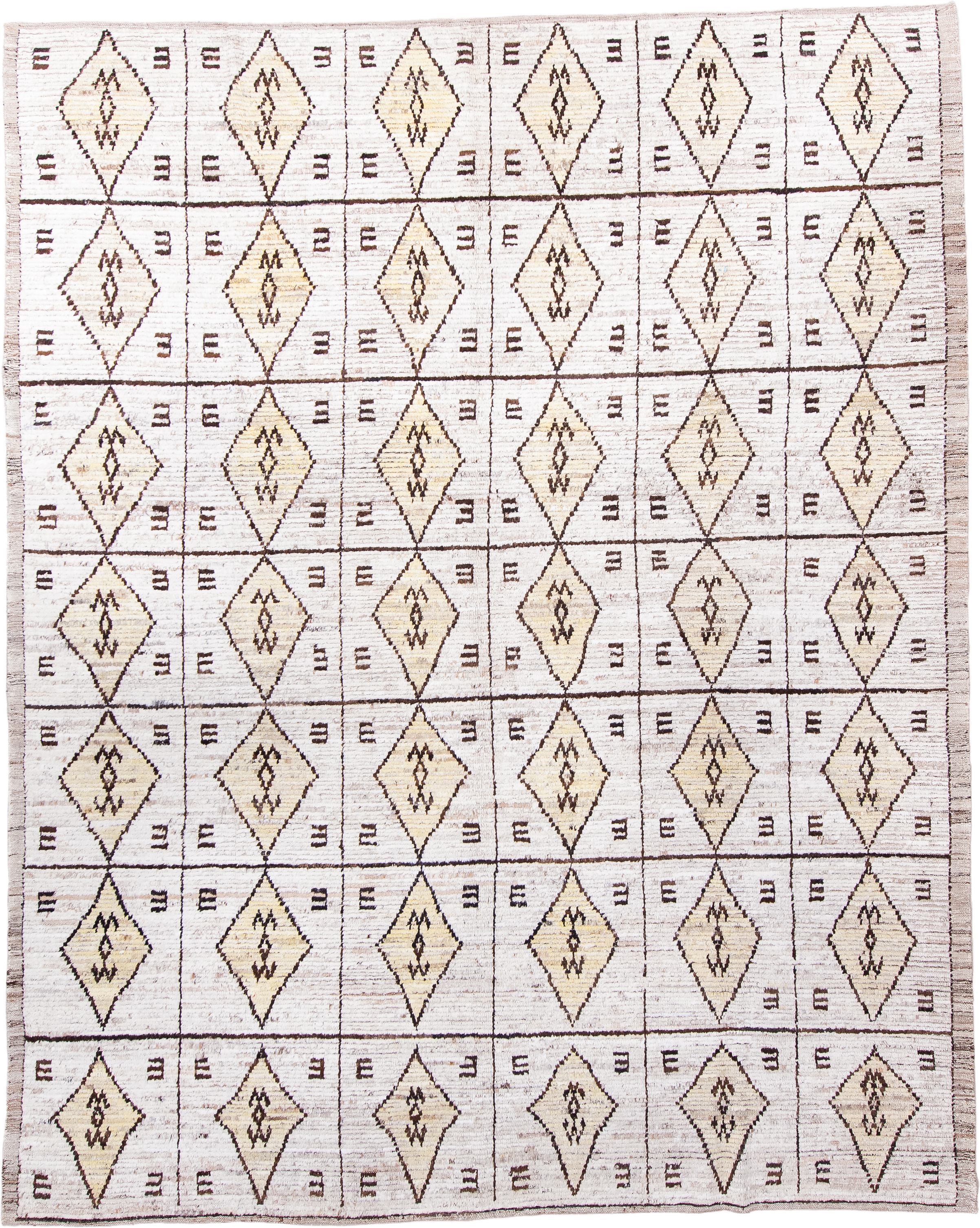 9' x 11' one-of-a-kind handmade vintage Tulu large size rug. Color palette: cream, ivory, taupe, brown, camel, beige, gray