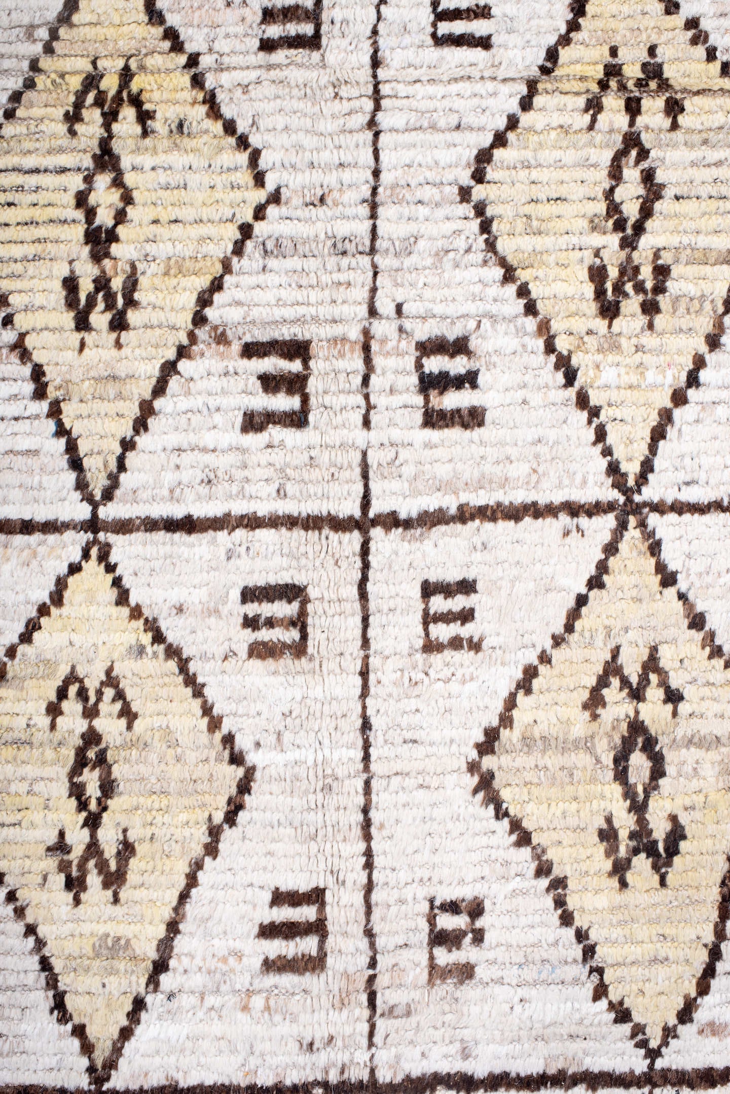 9' x 11' one-of-a-kind handmade vintage Tulu large size rug. Color palette: cream, ivory, taupe, brown, camel, beige, gray