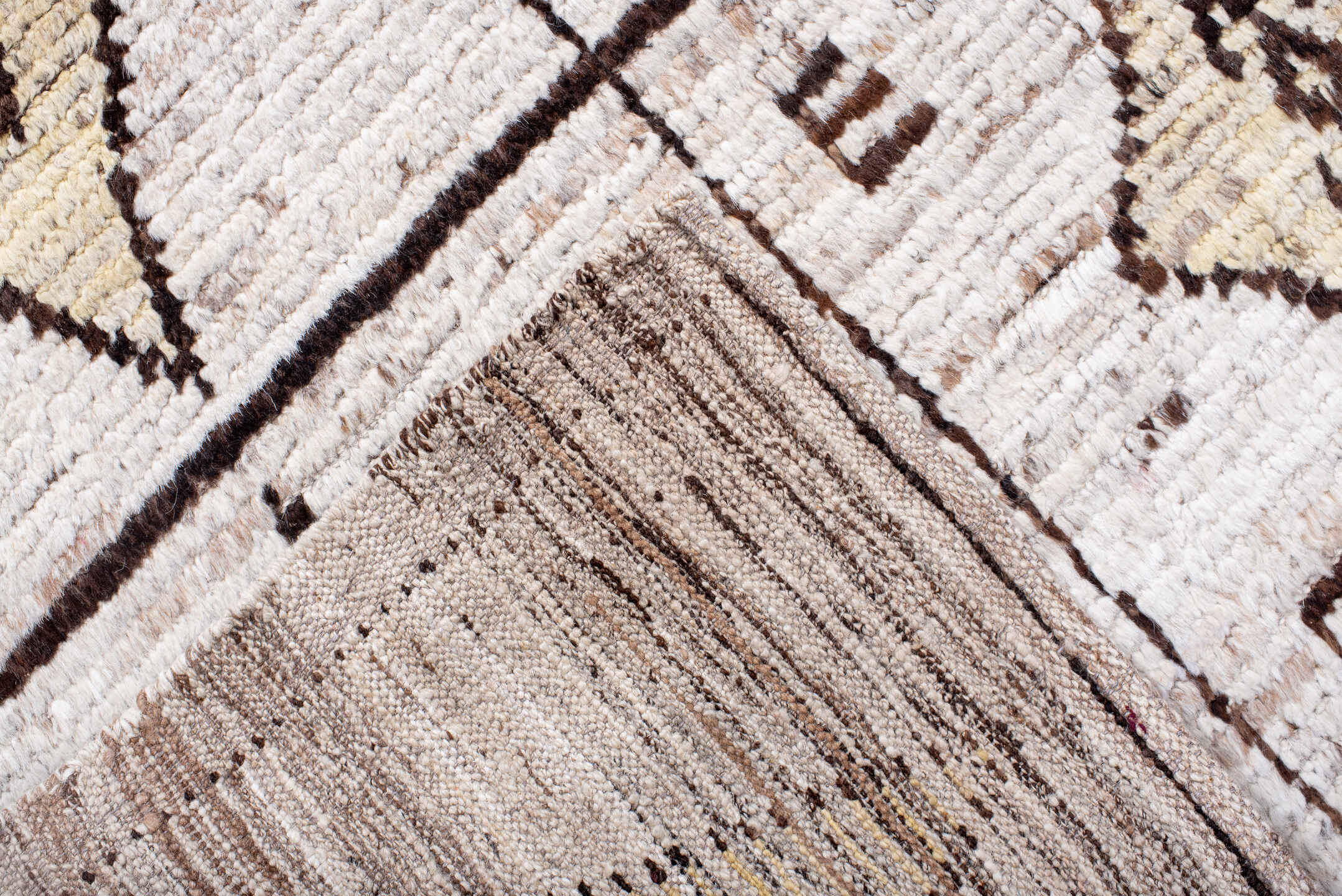 9' x 11' one-of-a-kind handmade vintage Tulu large size rug. Color palette: cream, ivory, taupe, brown, camel, beige, gray