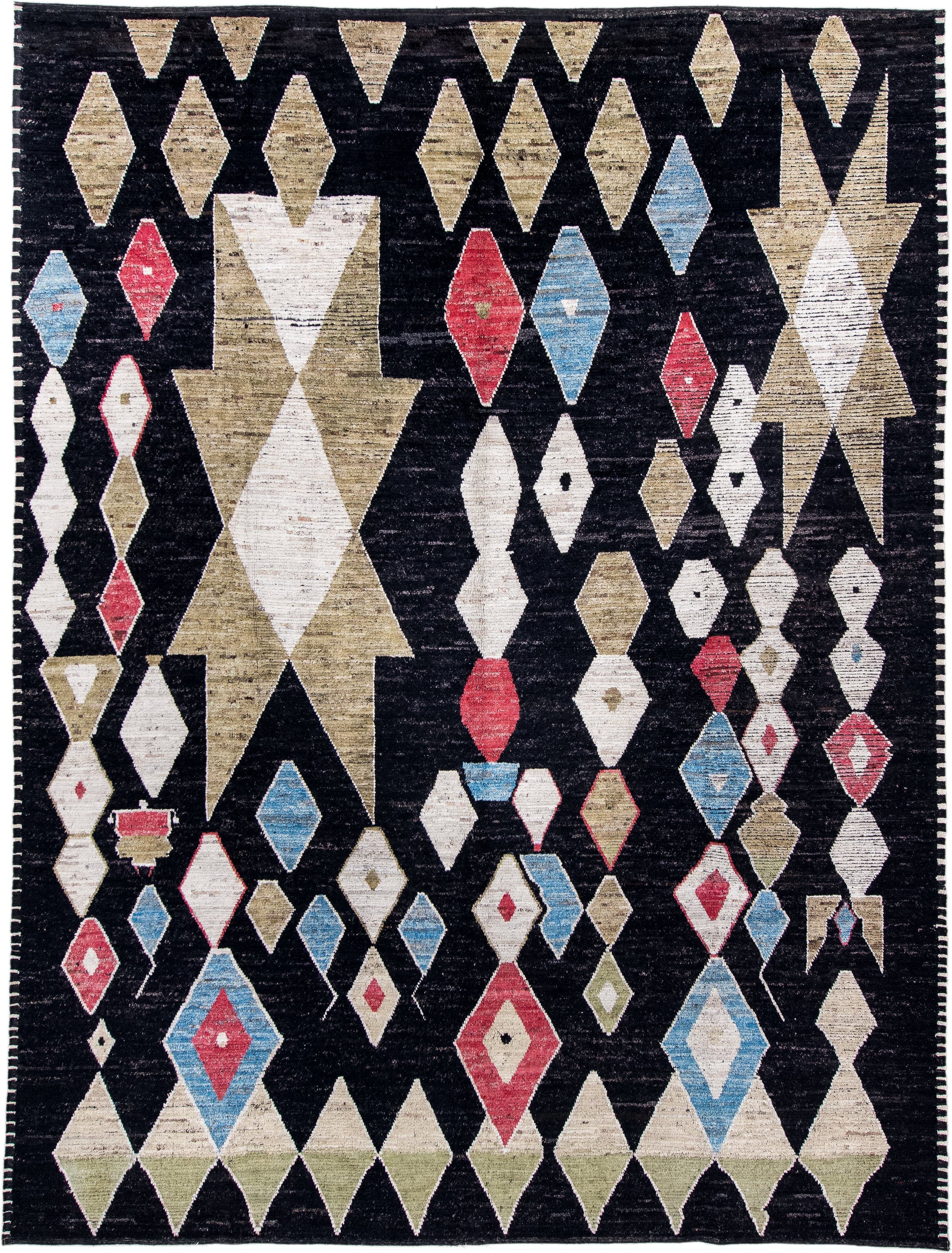 10' x 13' one-of-a-kind handmade vintage Tulu large size rug. Color palette: charcoal, ivory, camel, sky_blue, crimson, sage