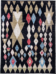 10' x 13' one-of-a-kind handmade vintage Tulu large size rug. Color palette: charcoal, ivory, camel, sky_blue, crimson, sage
