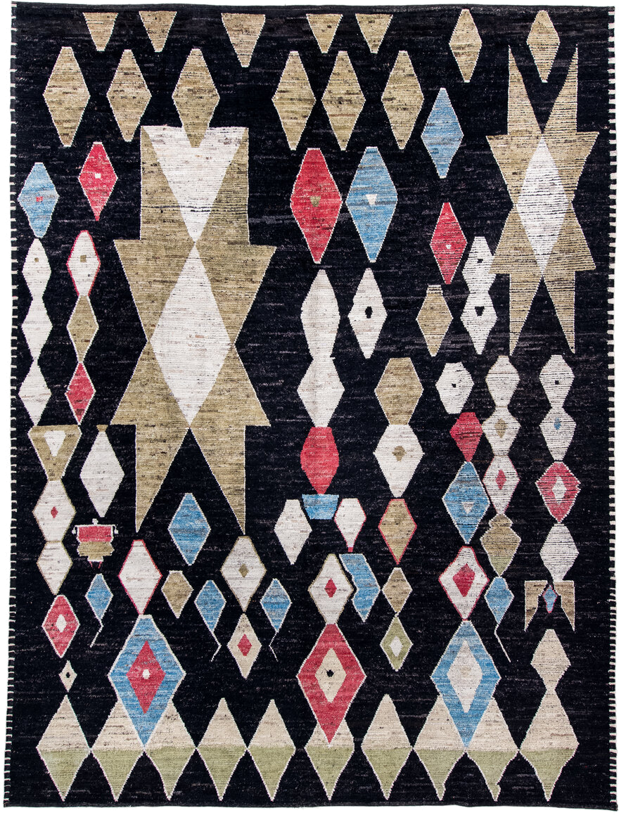 10' x 13' one-of-a-kind handmade vintage Tulu large size rug. Color palette: charcoal, ivory, camel, sky_blue, crimson, sage