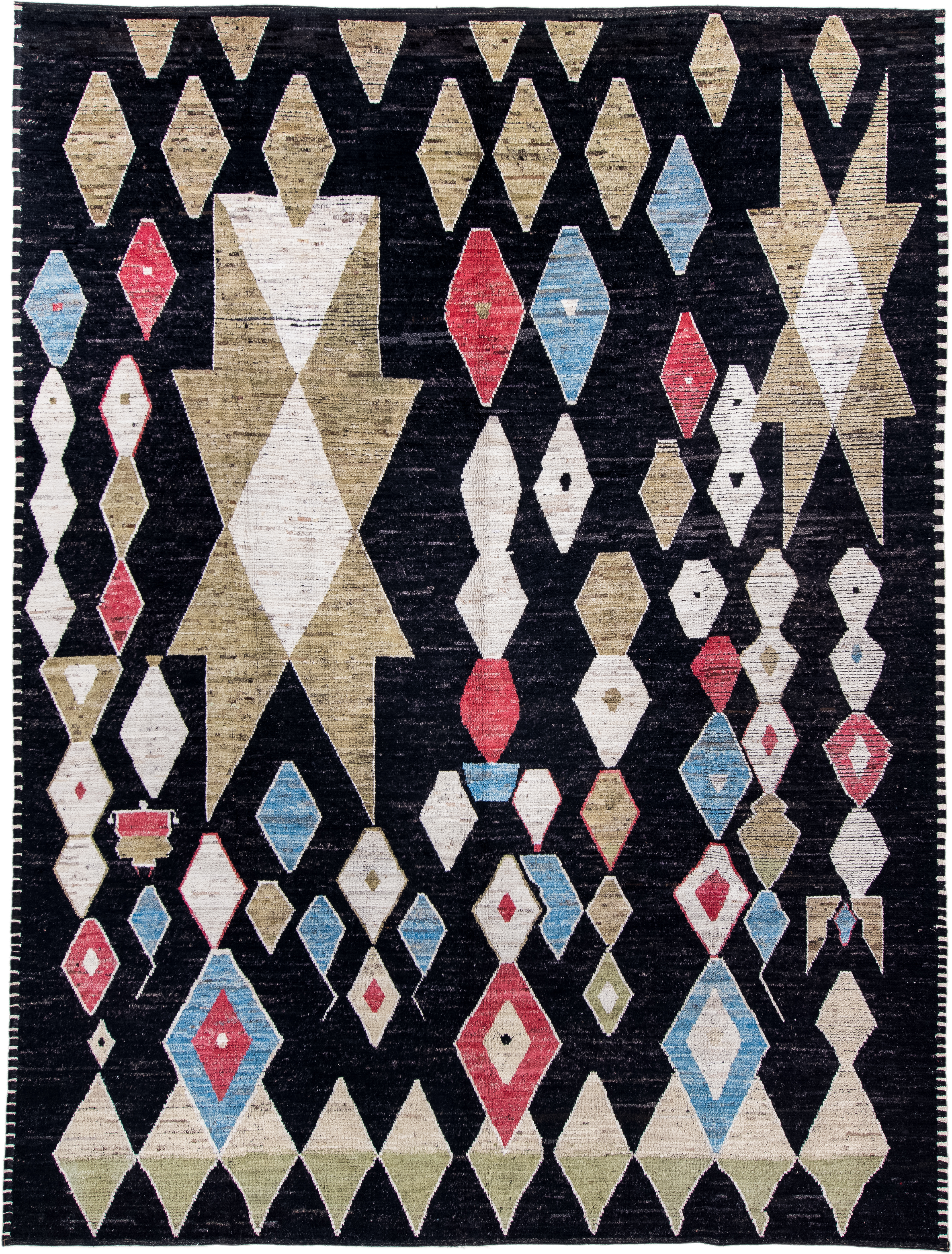 10' x 13' one-of-a-kind handmade vintage Tulu large size rug. Color palette: charcoal, ivory, camel, sky_blue, crimson, sage