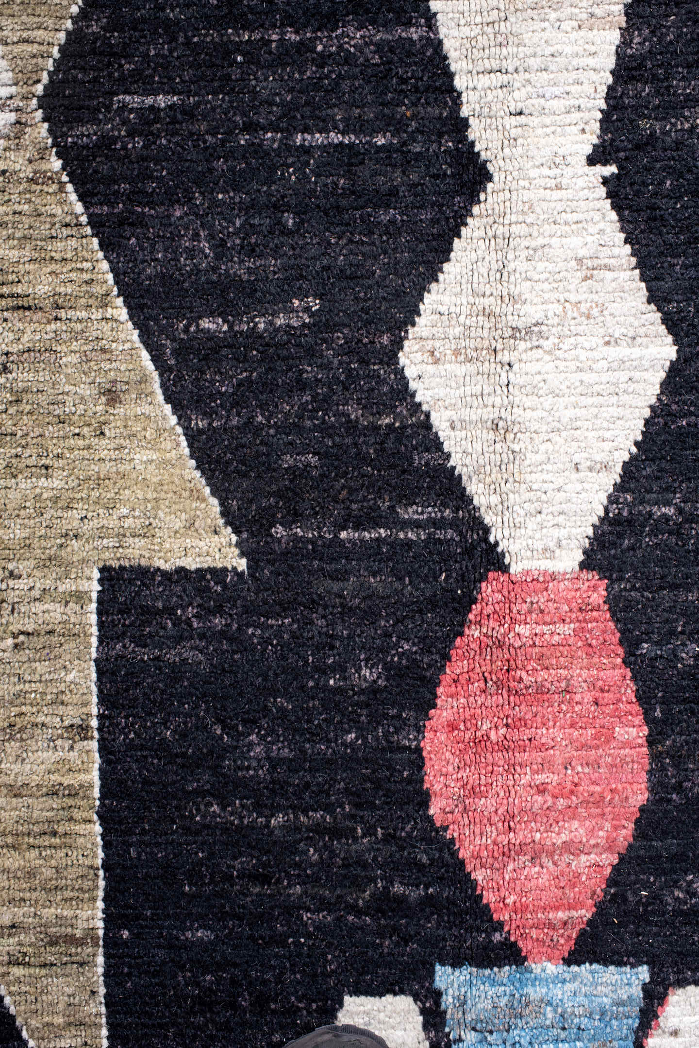 10' x 13' one-of-a-kind handmade vintage Tulu large size rug. Color palette: charcoal, ivory, camel, sky_blue, crimson, sage