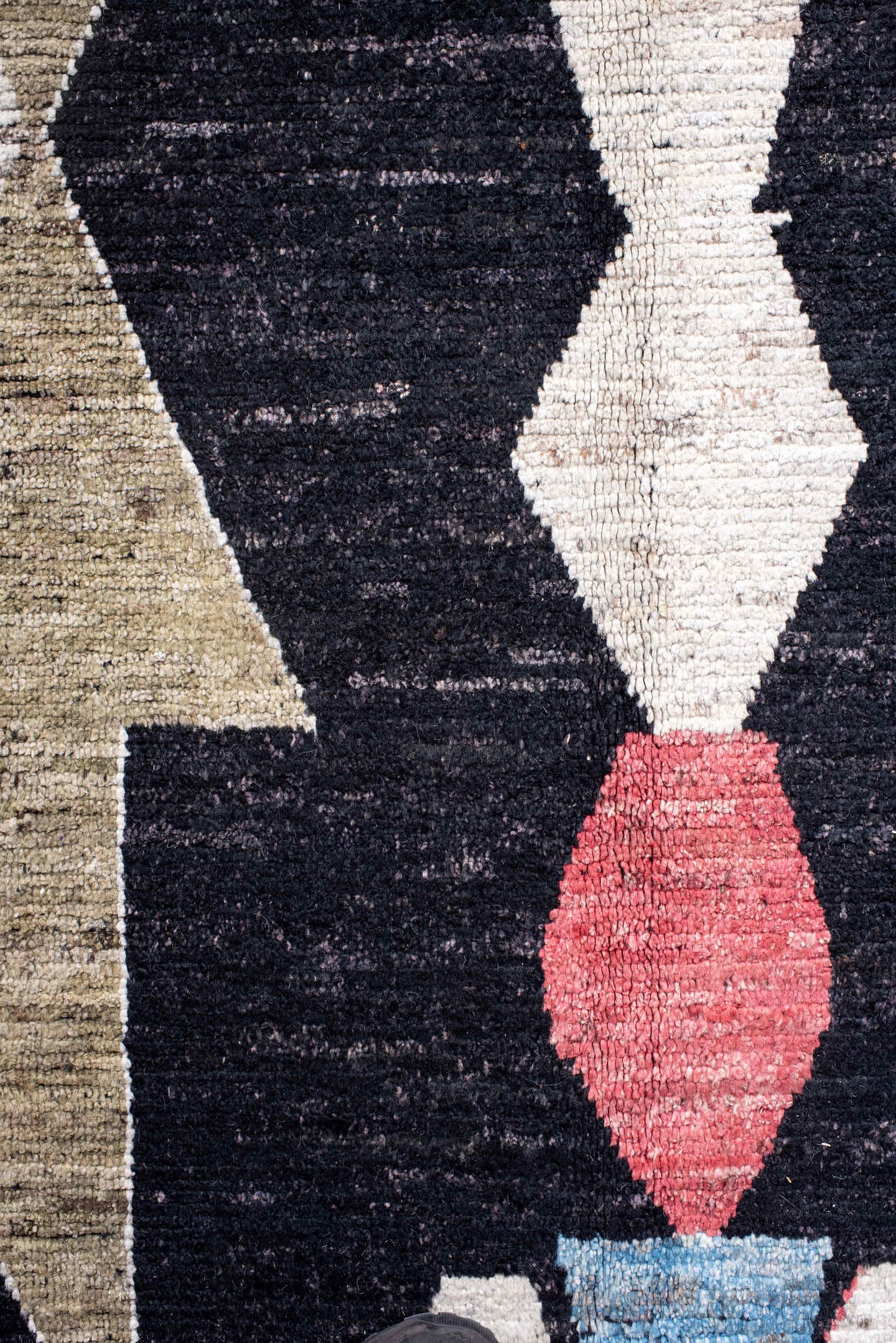 10' x 13' one-of-a-kind handmade vintage Tulu large size rug. Color palette: charcoal, ivory, camel, sky_blue, crimson, sage