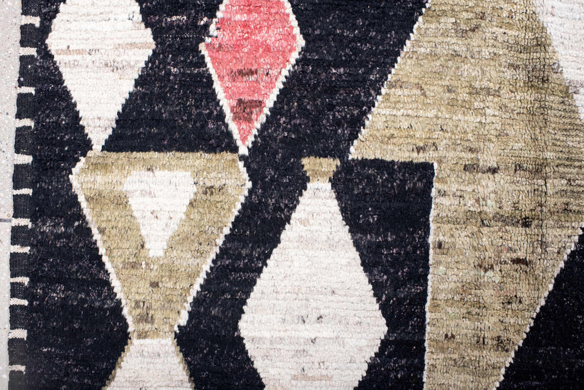 10' x 13' one-of-a-kind handmade vintage Tulu large size rug. Color palette: charcoal, ivory, camel, sky_blue, crimson, sage