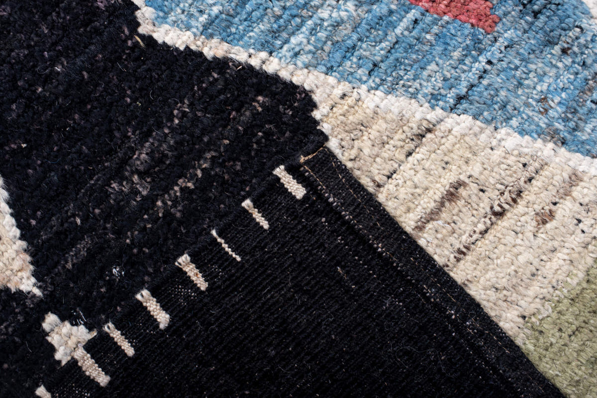 10' x 13' one-of-a-kind handmade vintage Tulu large size rug. Color palette: charcoal, ivory, camel, sky_blue, crimson, sage